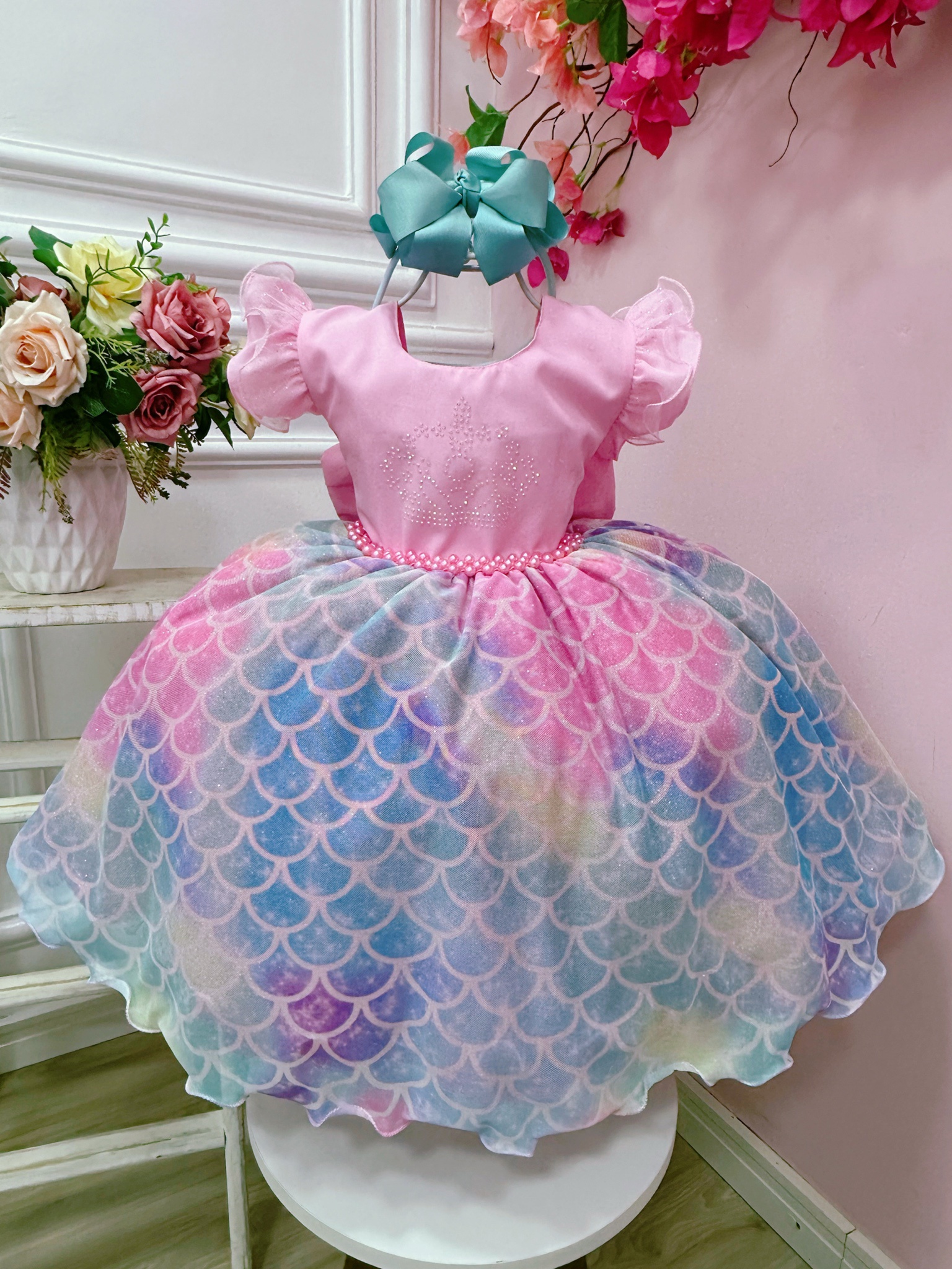 Vestido Infantil Sereia Ariel Rosa Saia Colorida Escamas