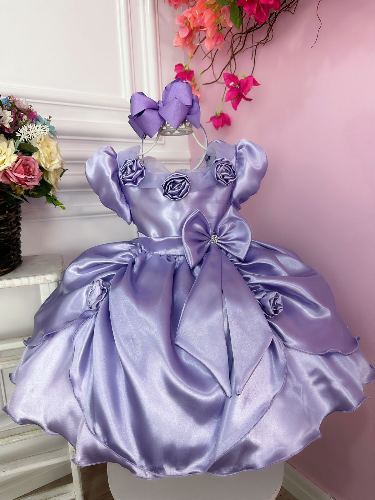 Vestido Infantil Lilás Aplique Flor Princesas