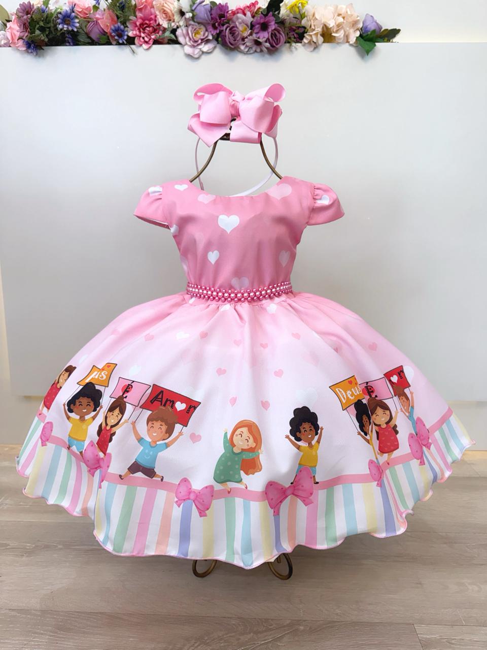 Vestido Infantil Três Palavrinhas C/ Cinto de Pérolas Rosa