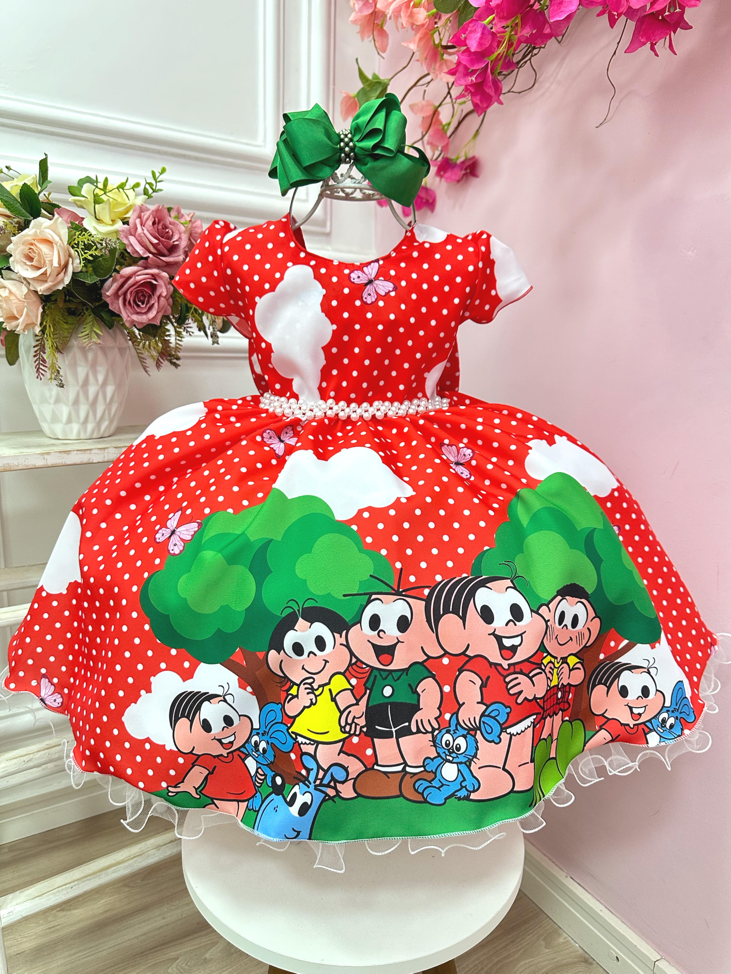 Vestido Infantil Turma da Mônica Vermelho Bolinhas Festas