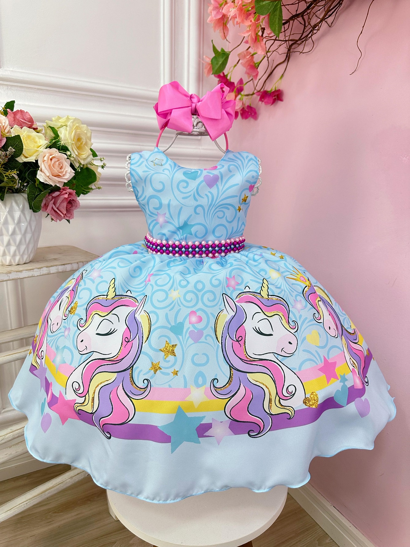 Vestido Infantil Unicórnio Arco Iris Azul Com Cinto Festas