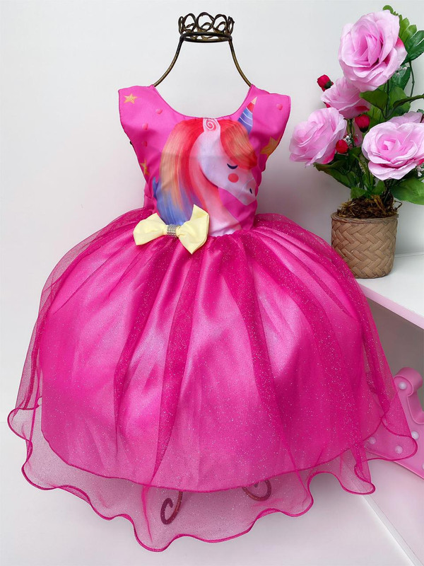 Vestido Infantil Unicórnio Pink Luxo Princesas Festas