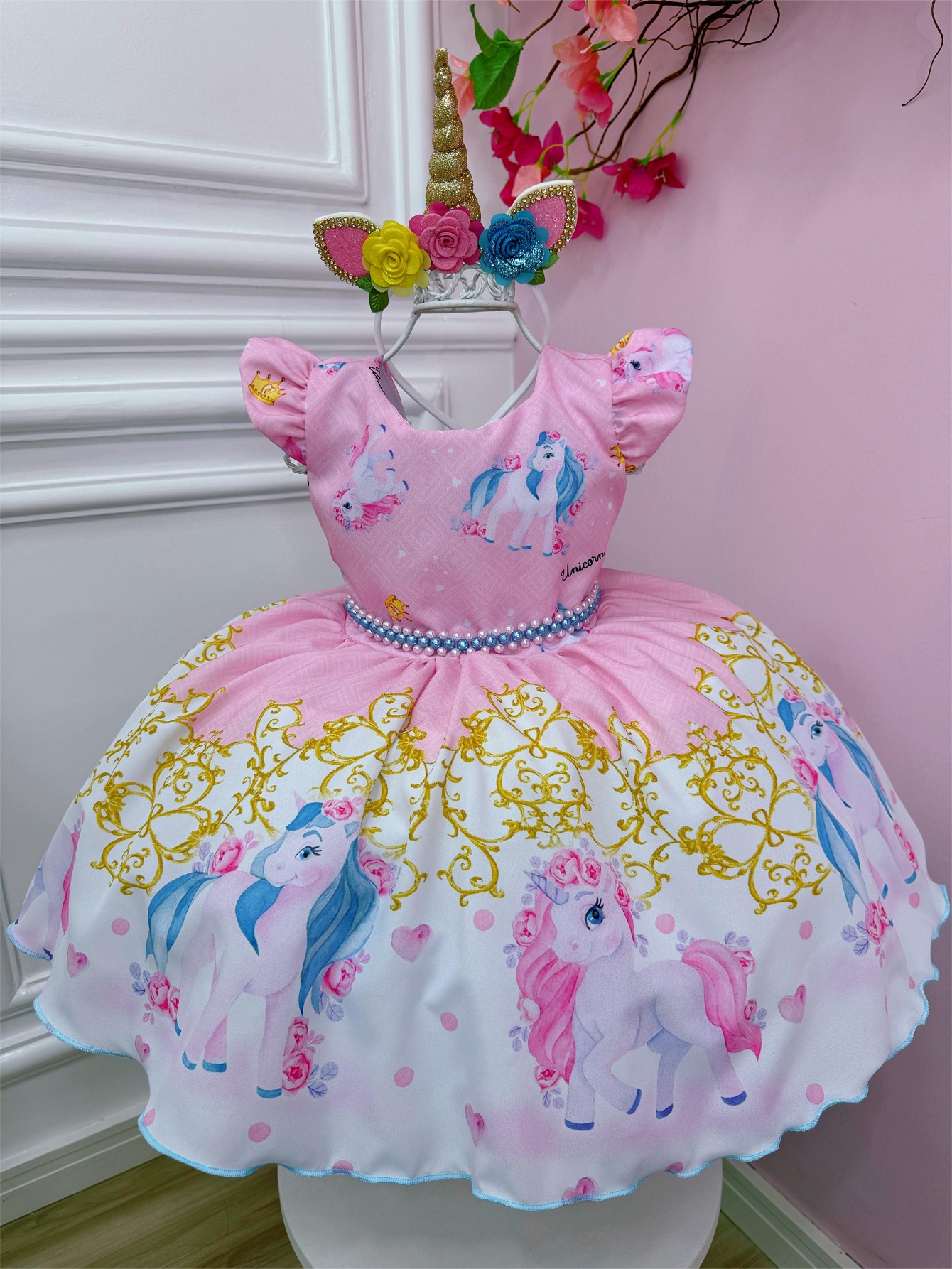 Vestido Infantil Unicórnio Rosa Com Cinto de Pérolas Festas