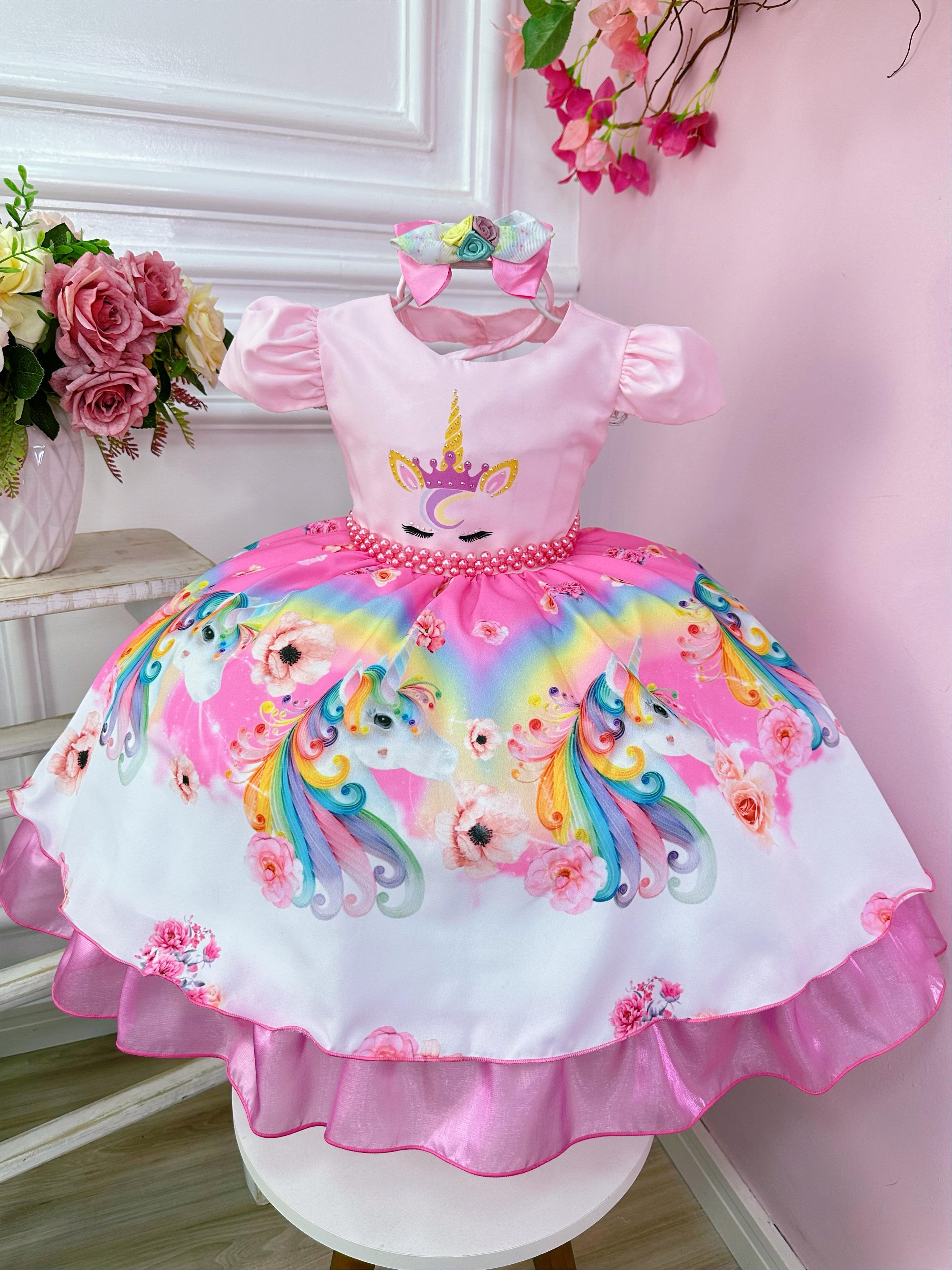 Vestido Infantil Unicórnio Rosa e Acompanha a Tiara Festas