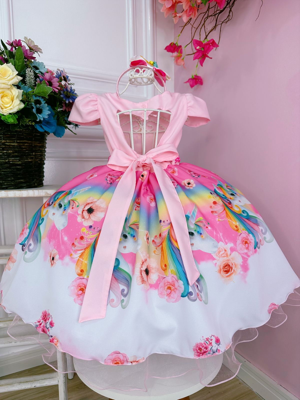 Vestido Infantil Unicórnio Rosa e Acompanha a Tiara Luxo - Rosa Charmosa  Atacado