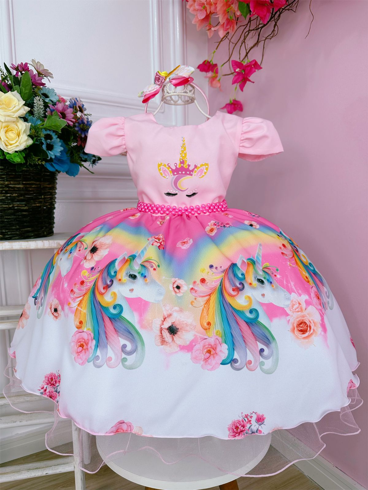 Vestido Infantil Unicórnio Rosa e Acompanha a Tiara Luxo