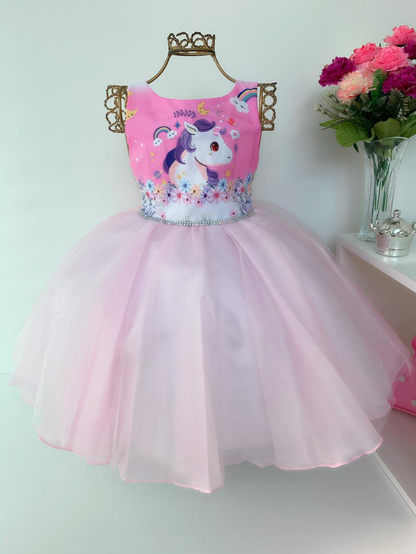 Vestido Infantil Unicórnio Rosa Floral Luxo Princesas