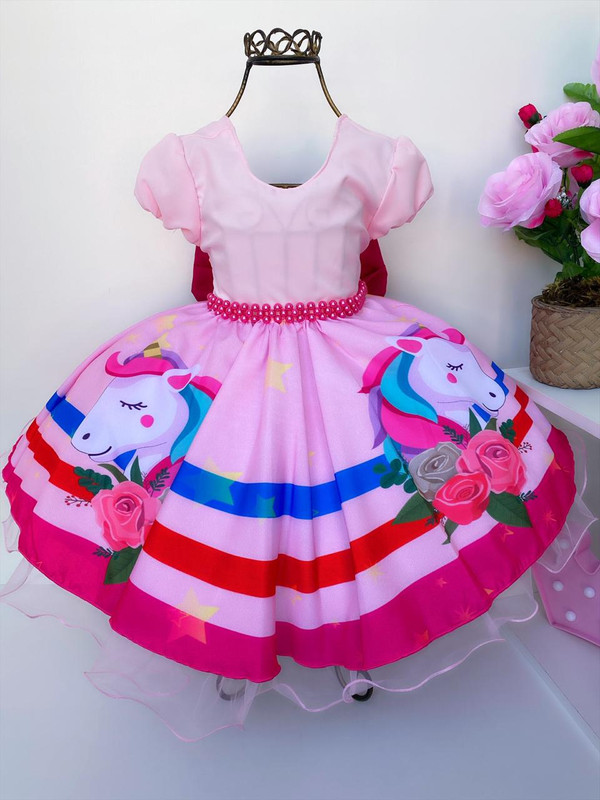 Vestido Infantil Unicórnio Rosa Luxo Princesas Festa