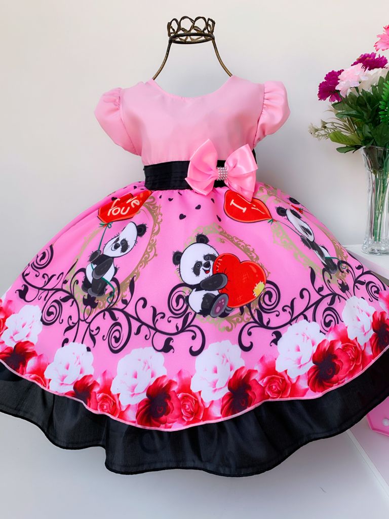 Vestido Infantil Urso Coração Rosa Floral Luxo Laço Preto