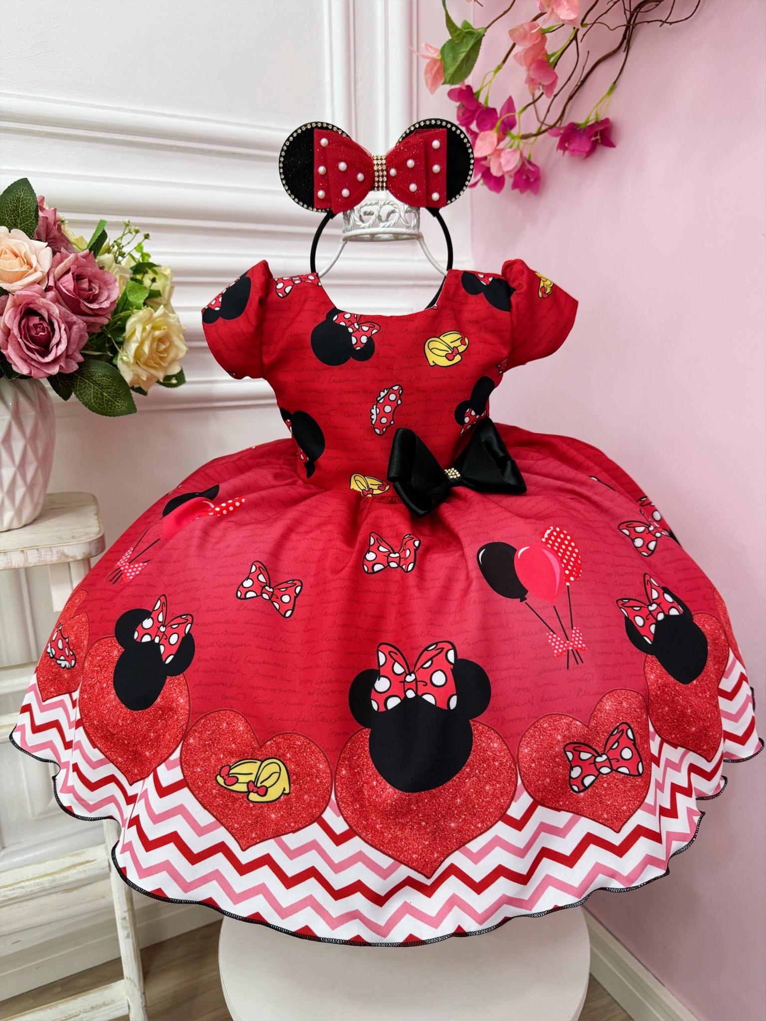 Vestido Infantil Vermelho Festa da Minnie C/ Broche Luxo
