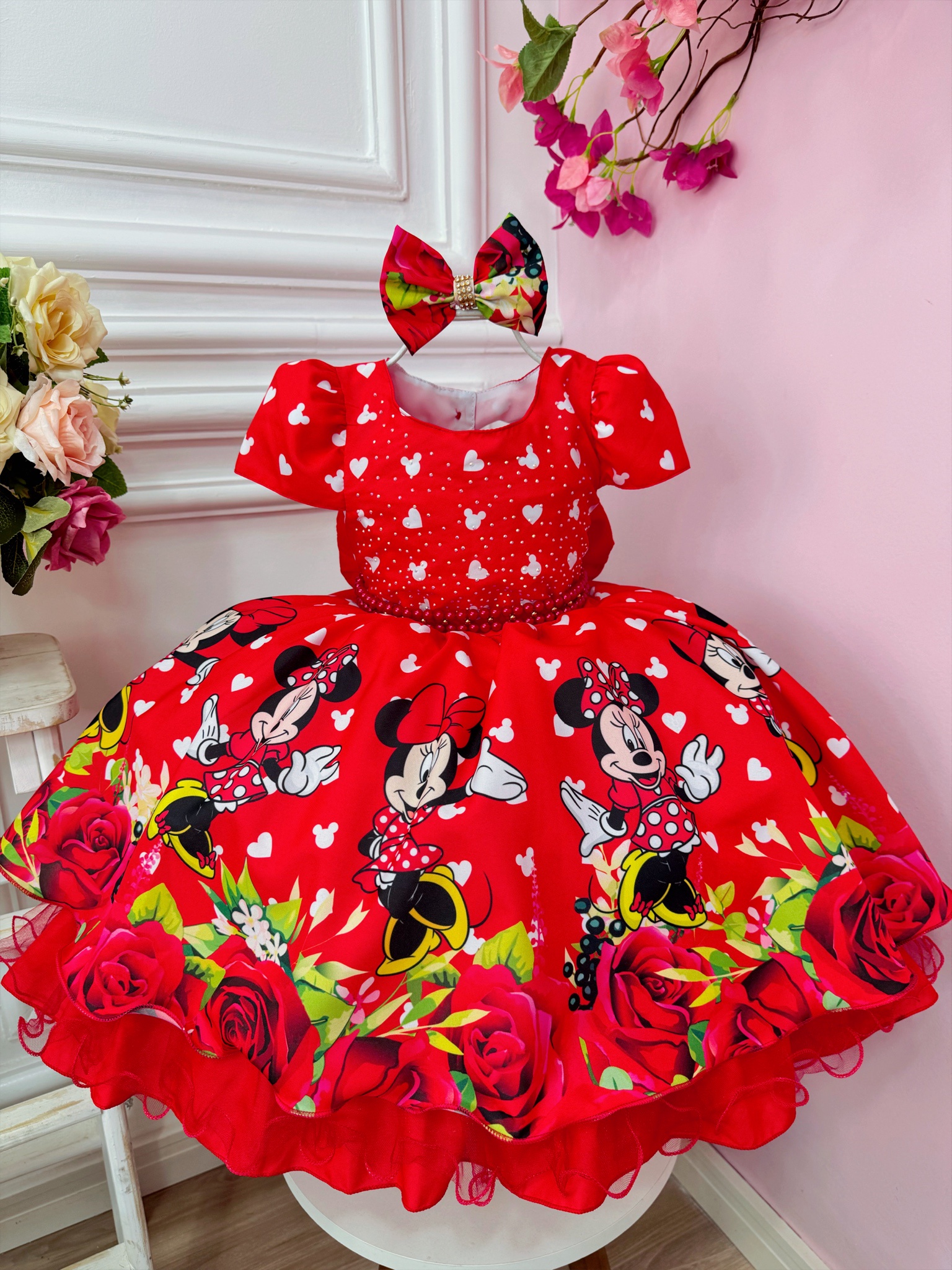 Vestido Infantil Vermelho Minnie C/ Laço e Busto Strass Luxo