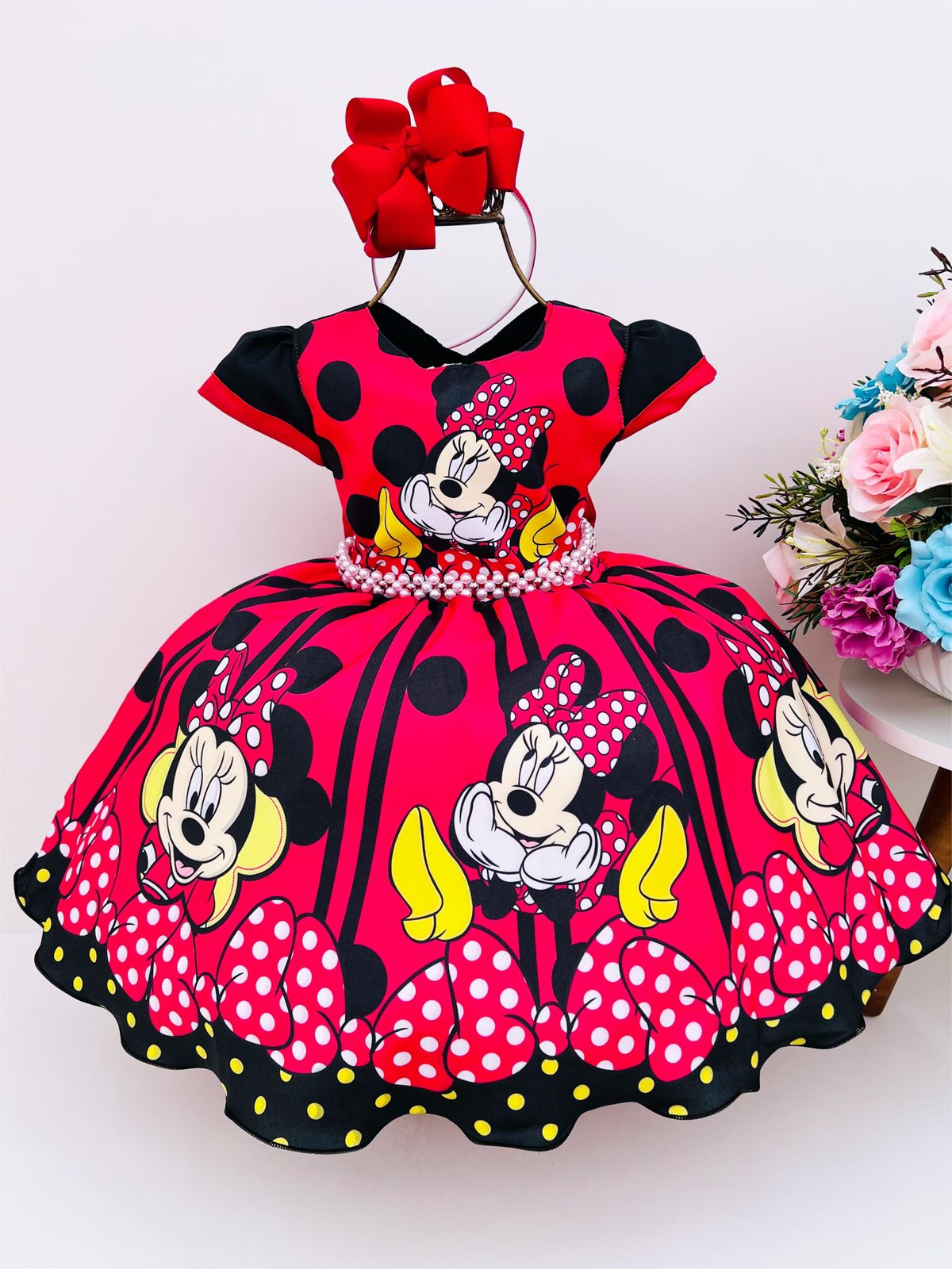 Vestido Infantil Vermelho Minnie com Cinto Pérolas Festas