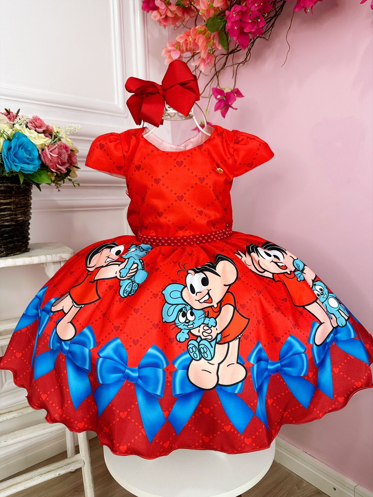 Vestido Infantil Vermelho Mônica e Cascão Cinto de Pérolas