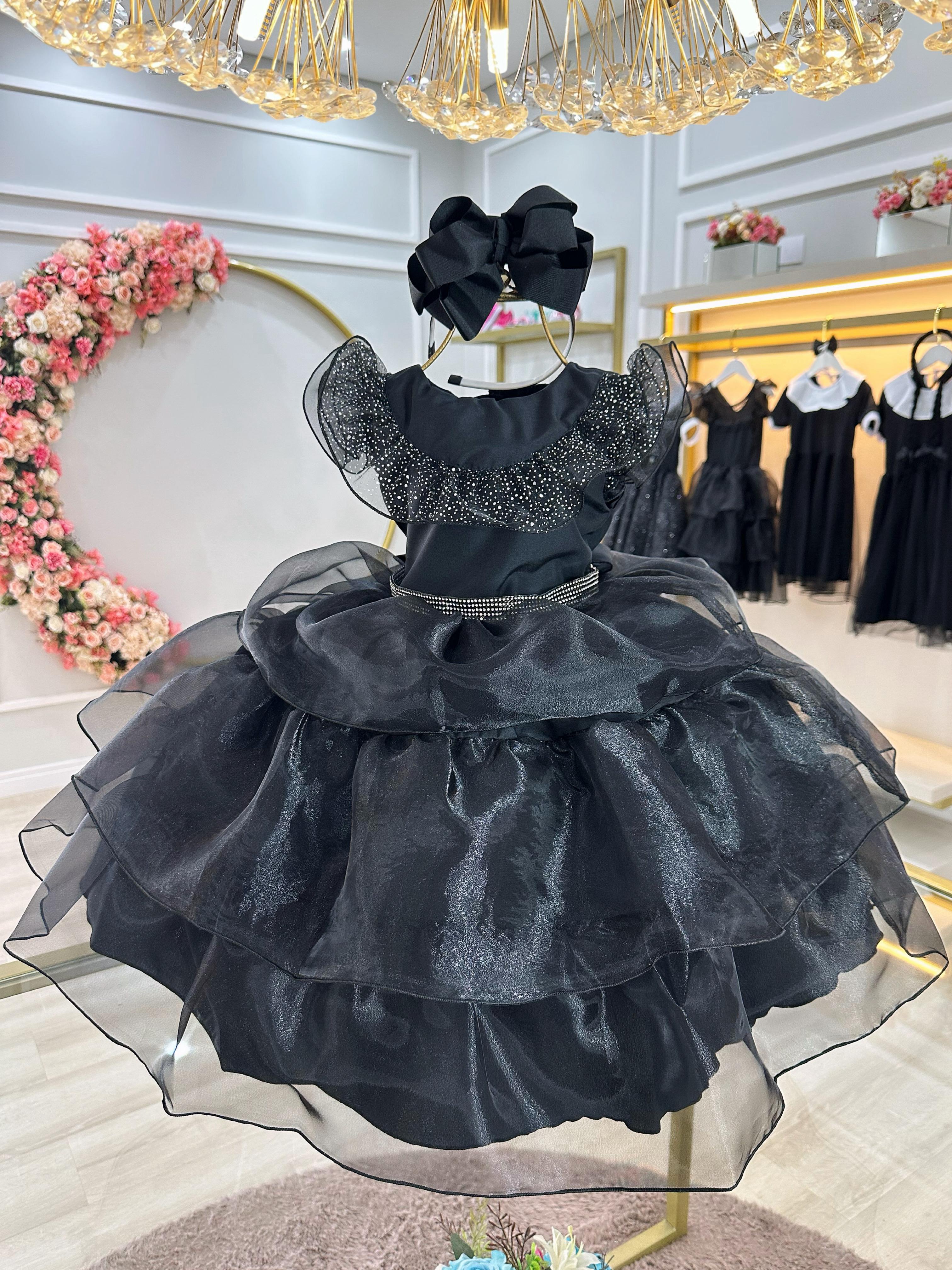 Vestido Infantil Wandinha Preto Com Cinto de Strass Luxo