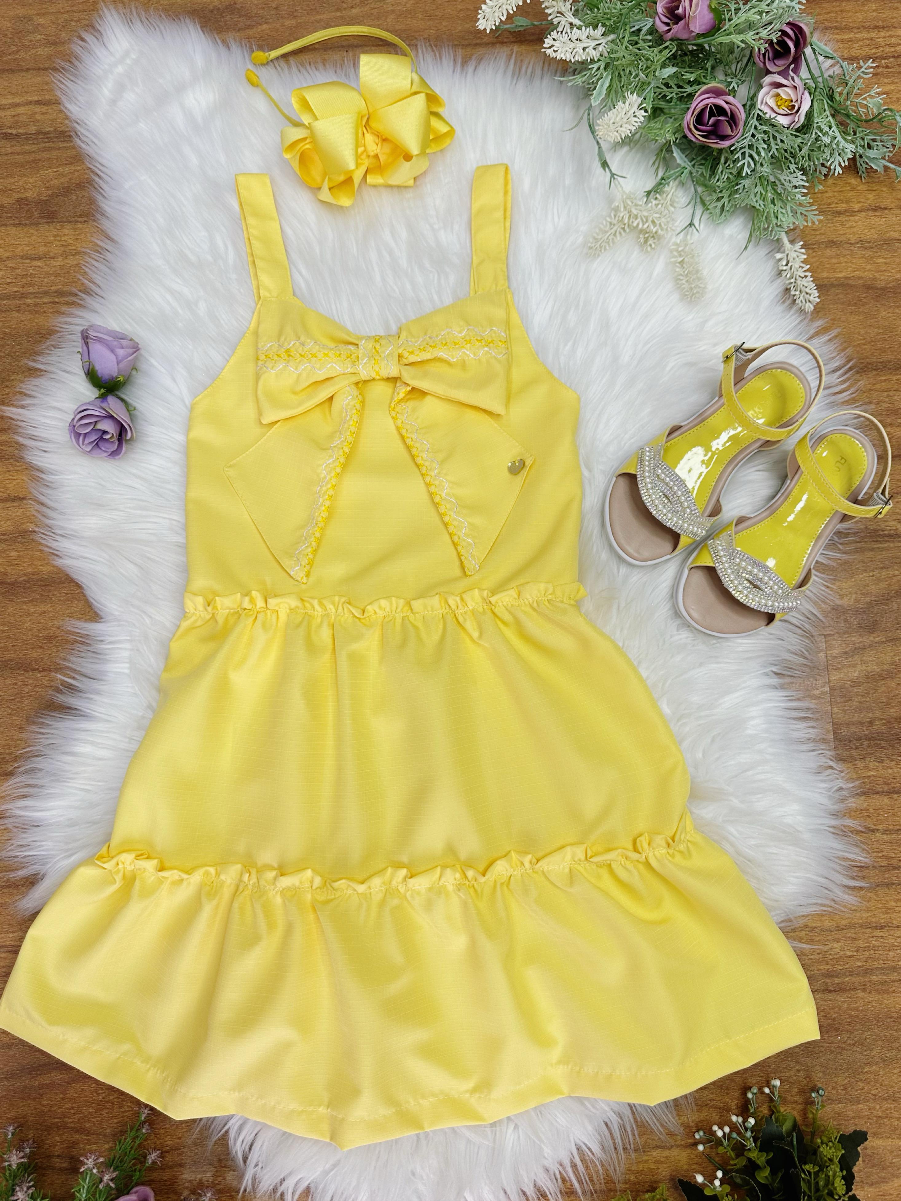 Vestido de Alça Infantil Amarelo Casual Festas Luxo