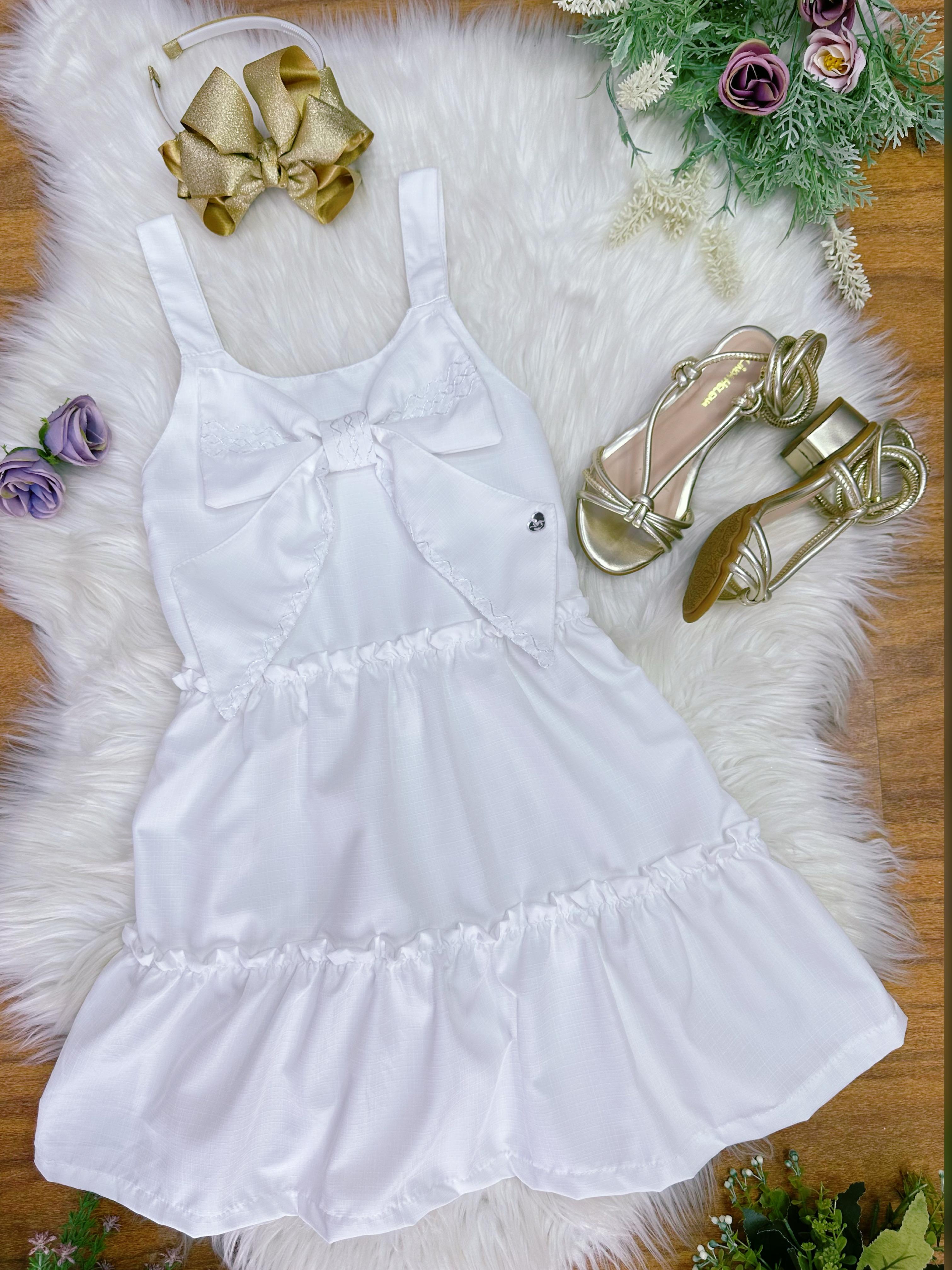Vestido de Alça Infantil Branco Casual Festas Luxo