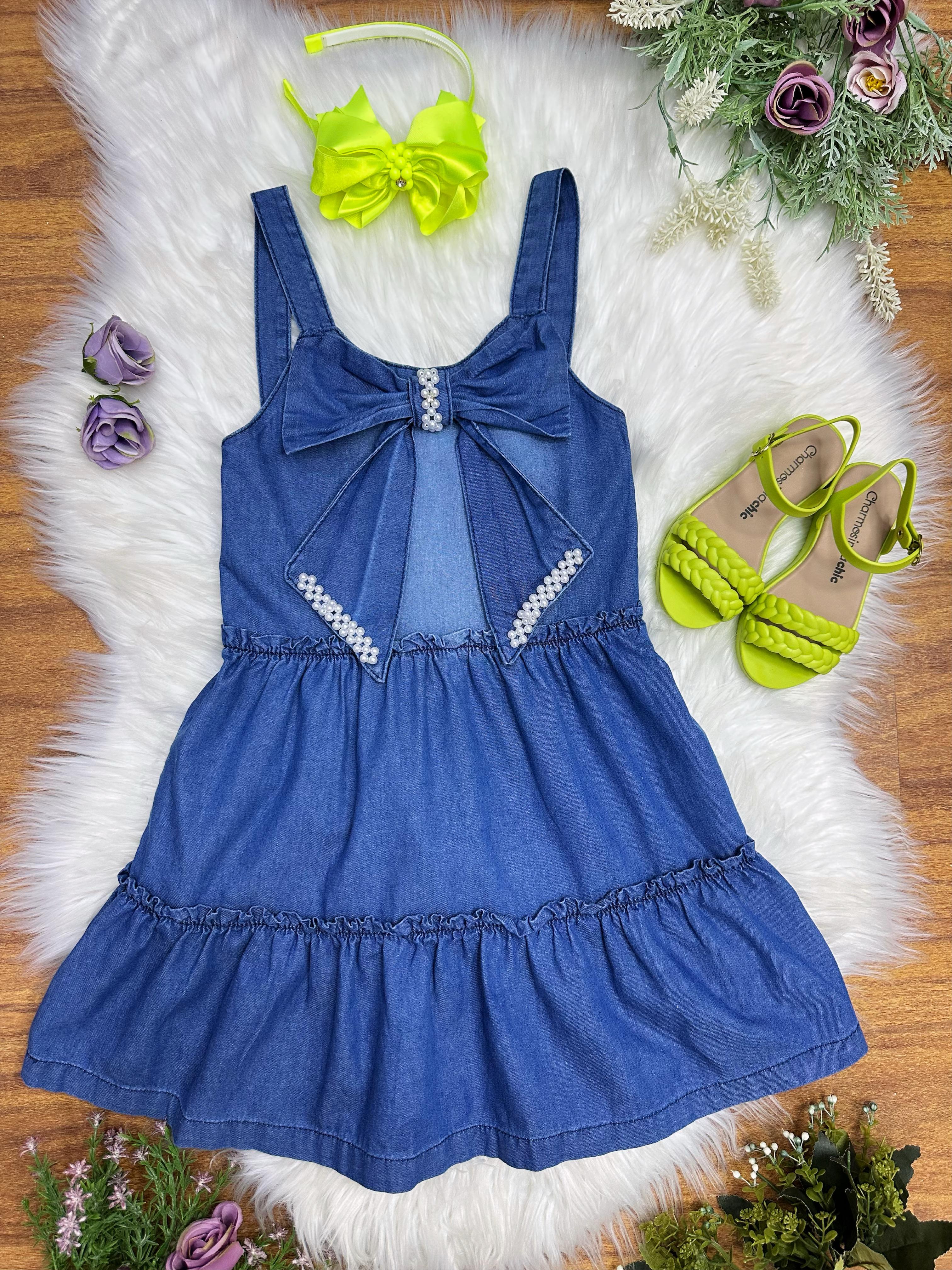Vestido de Alça Infantil Jeans Azul Casual Festas Luxo