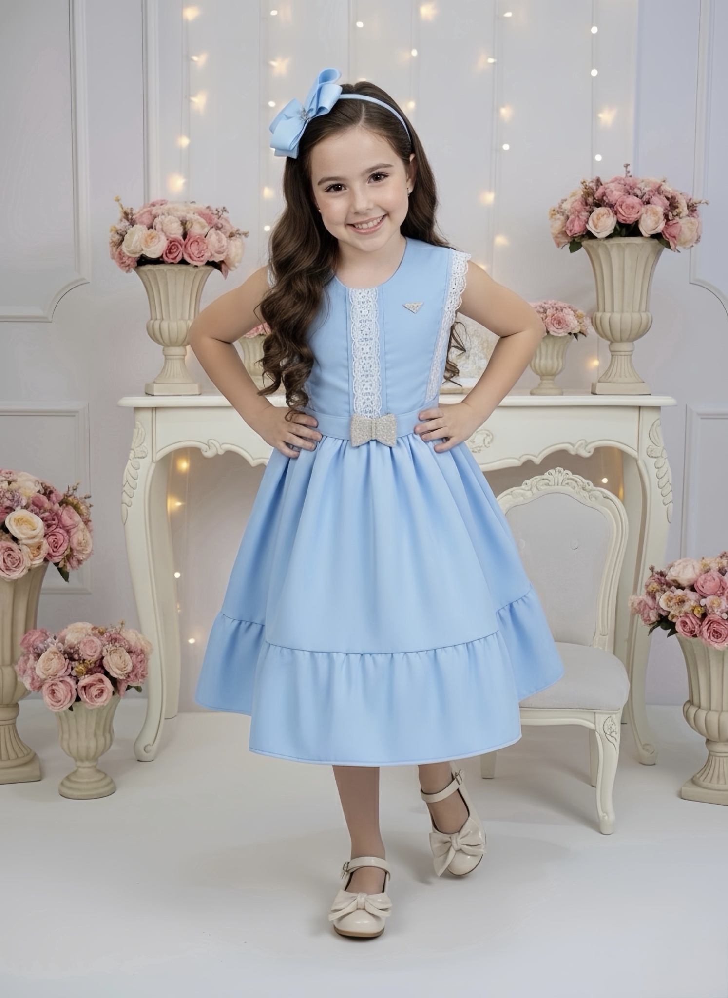Vestido Infantil Azul Claro C/ Guipir Cinto Broche Festas