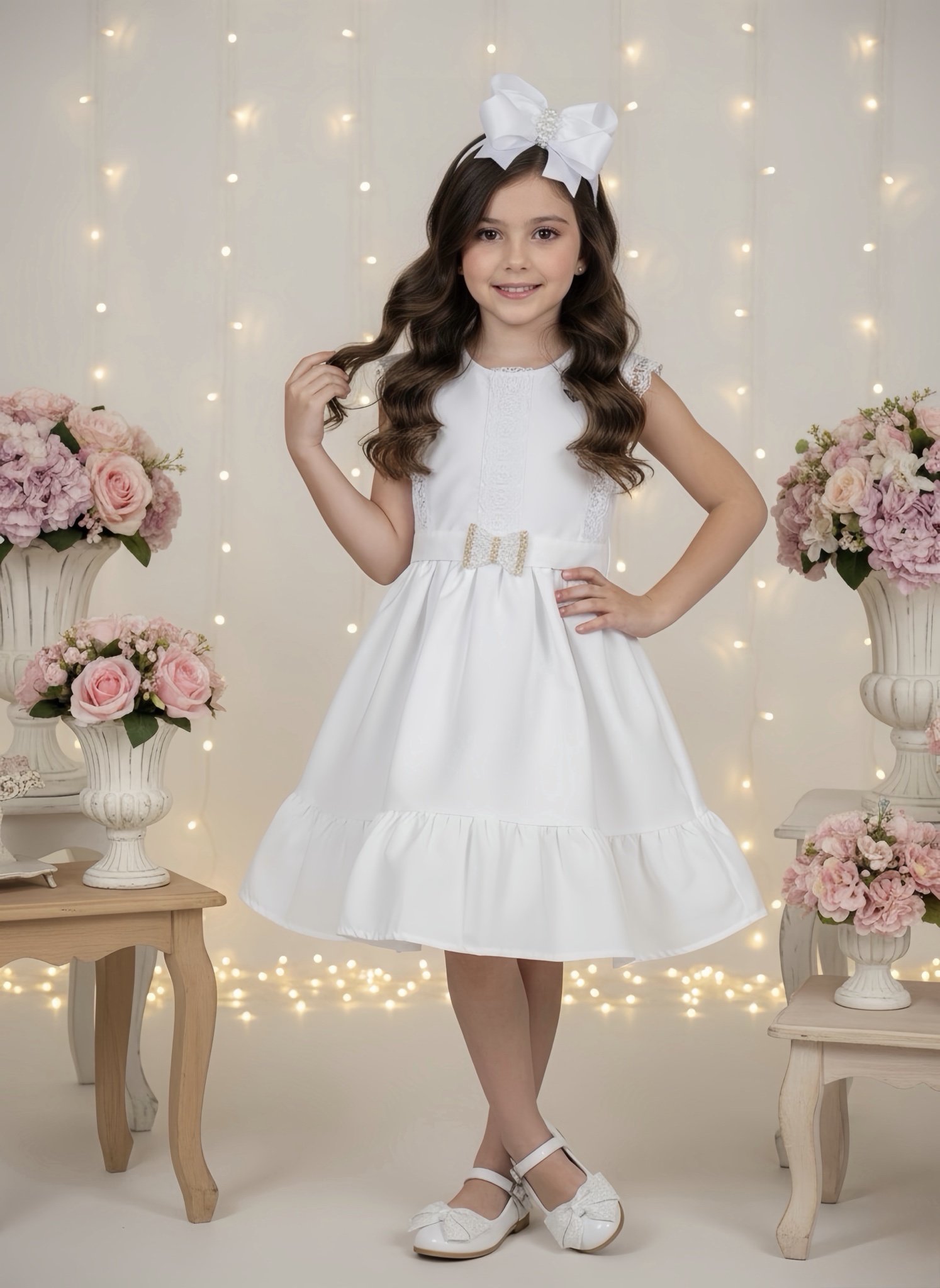 Vestido Infantil Branco com Guipir e Cinto Broche Festas
