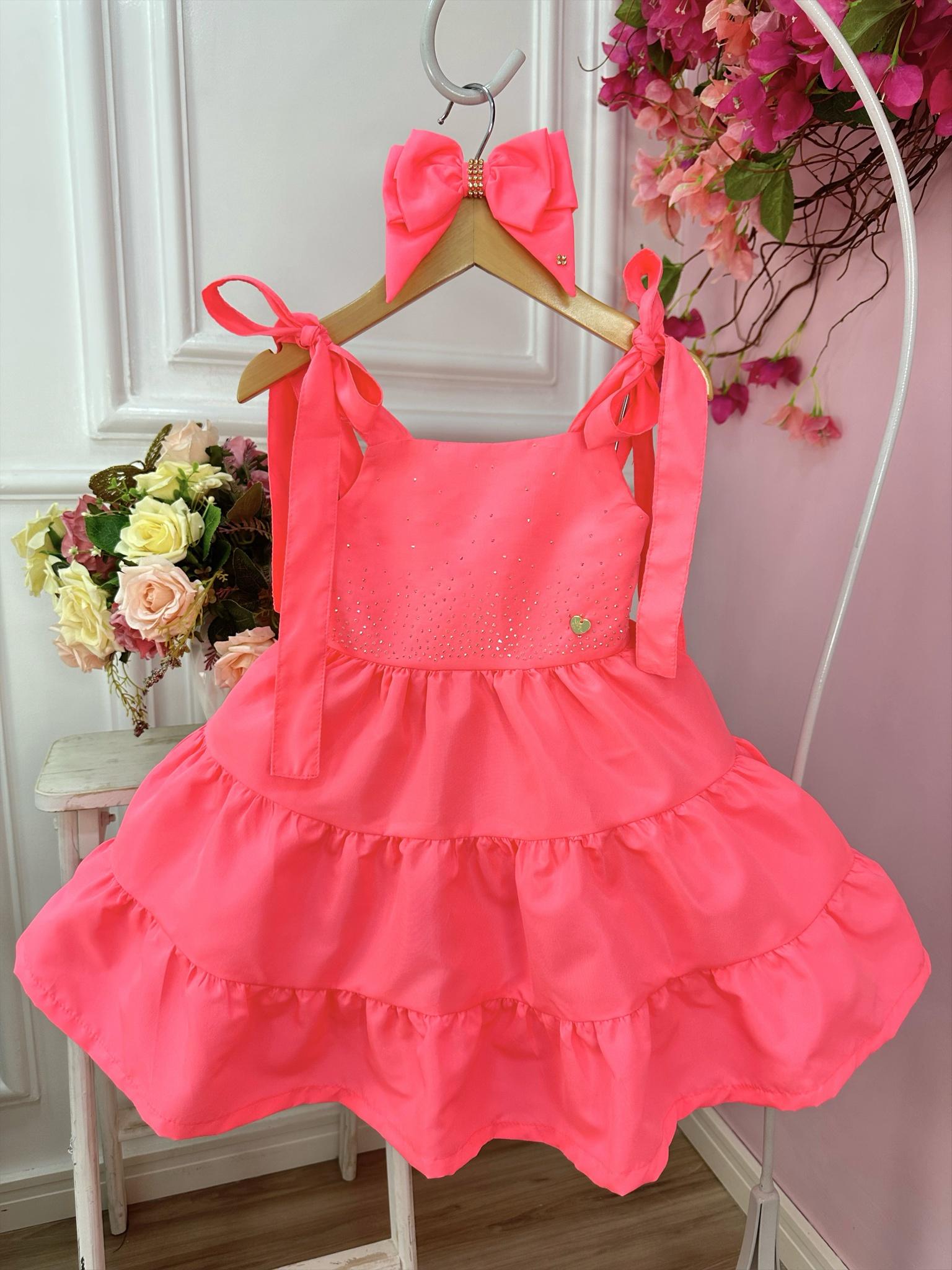 Vestido infantil Goiaba Neon C/ Strass no Busto e Laço Casual
