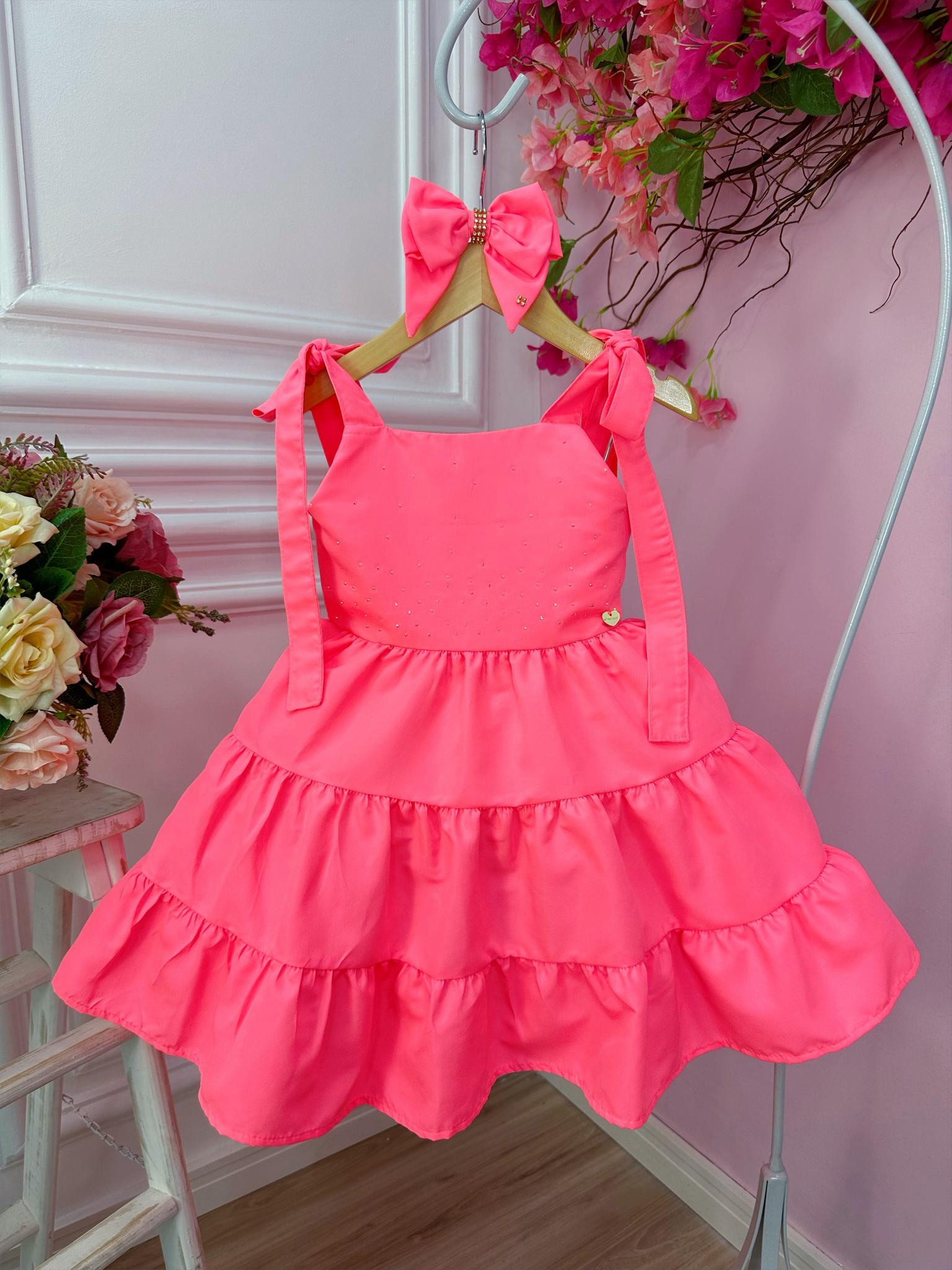 Vestido infantil Goiaba Neon Strass no Busto e Laço Damas