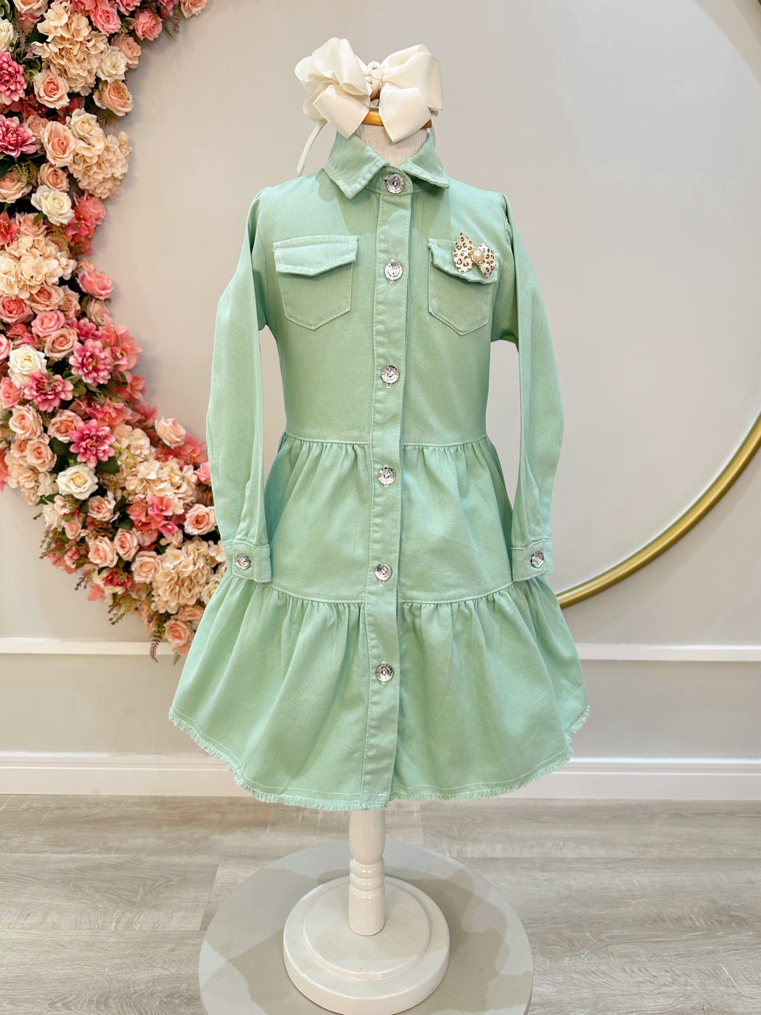 Vestido infantil Jeans Verde Claro Com Bolsos Casual Luxo