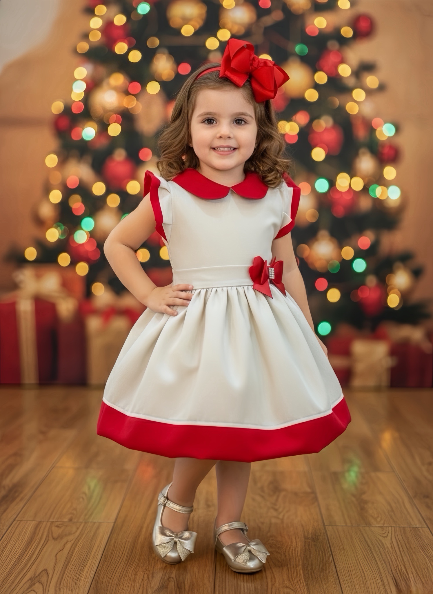 Vestido Infantil Marfim Gola Gôde C/ Broche Luxo Daminha