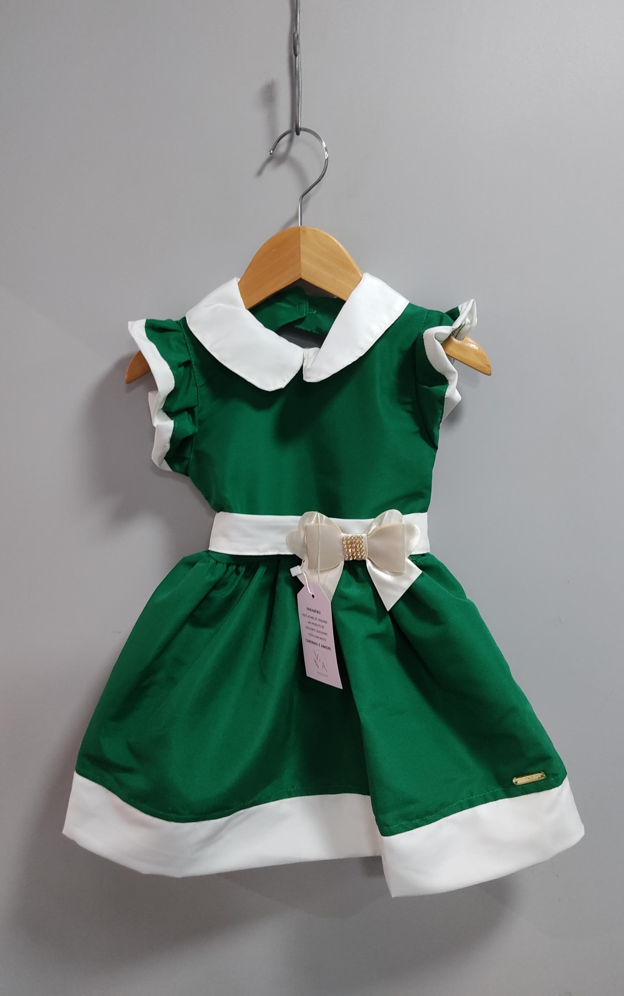 Vestido Infantil Verde Gola Gôde C/ Broche Luxo Daminha