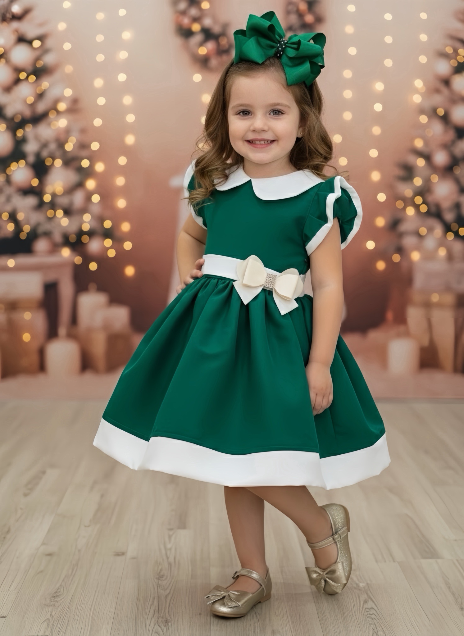 Vestido Infantil Verde Gola Gôde C/ Broche Luxo Daminha