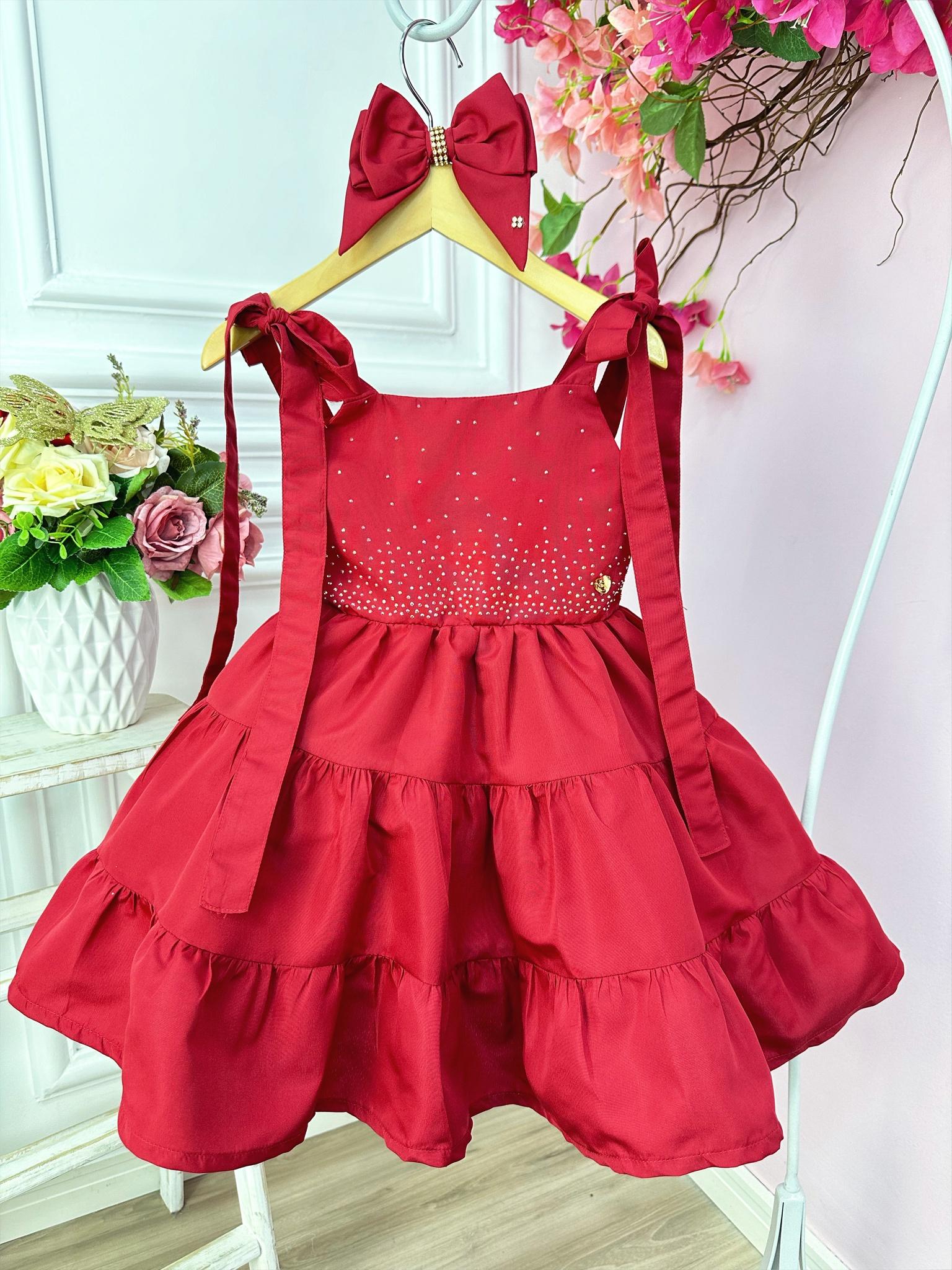 Vestido infantil Vermelho Escuro Strass no Busto e Laço Luxo