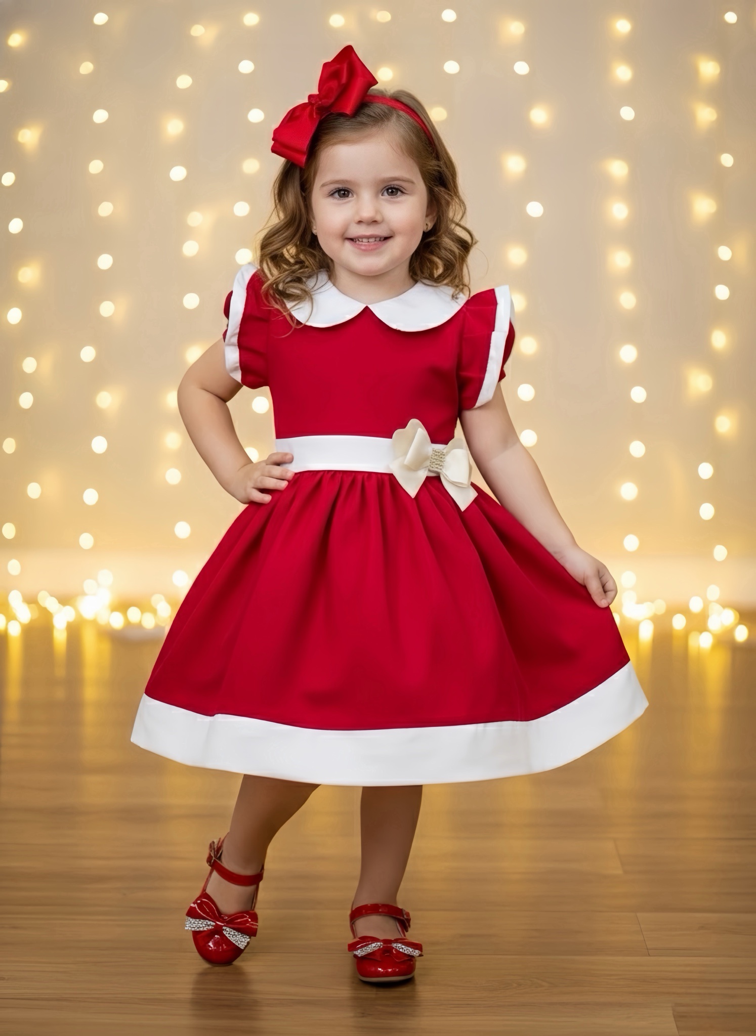 Vestido Infantil Vermelho Gola Gôde C/ Broche Luxo Daminha
