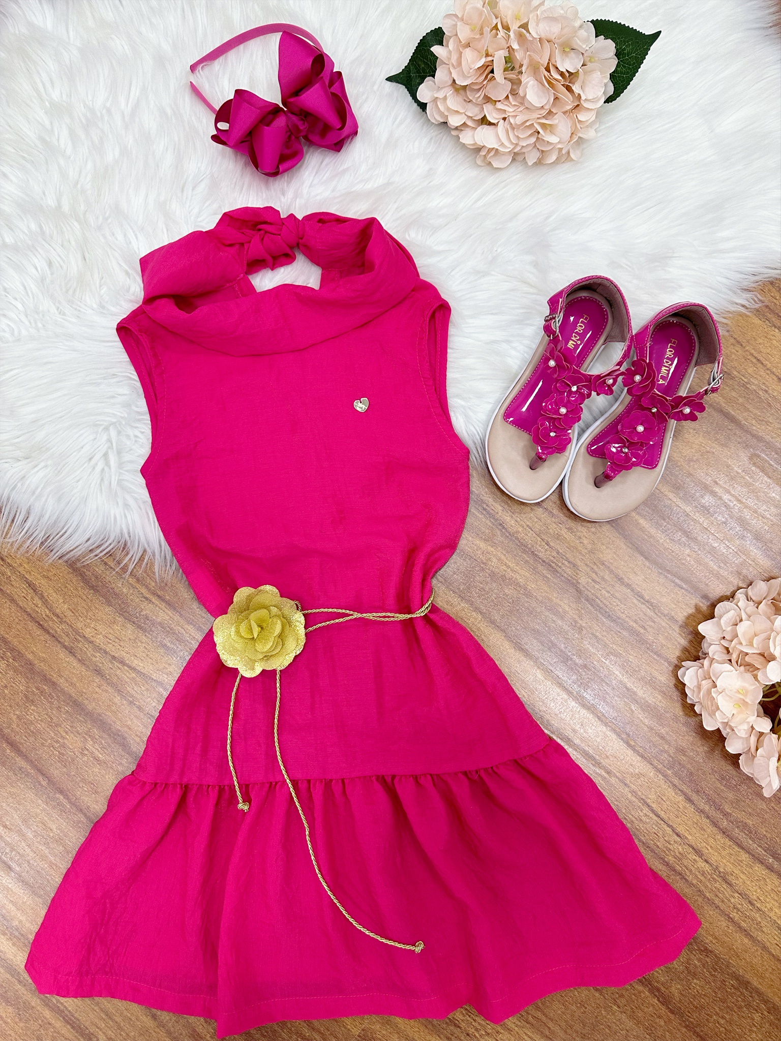 Vestido Infantil Crepinho Pink Com Cinto de Cordão Casual Festas