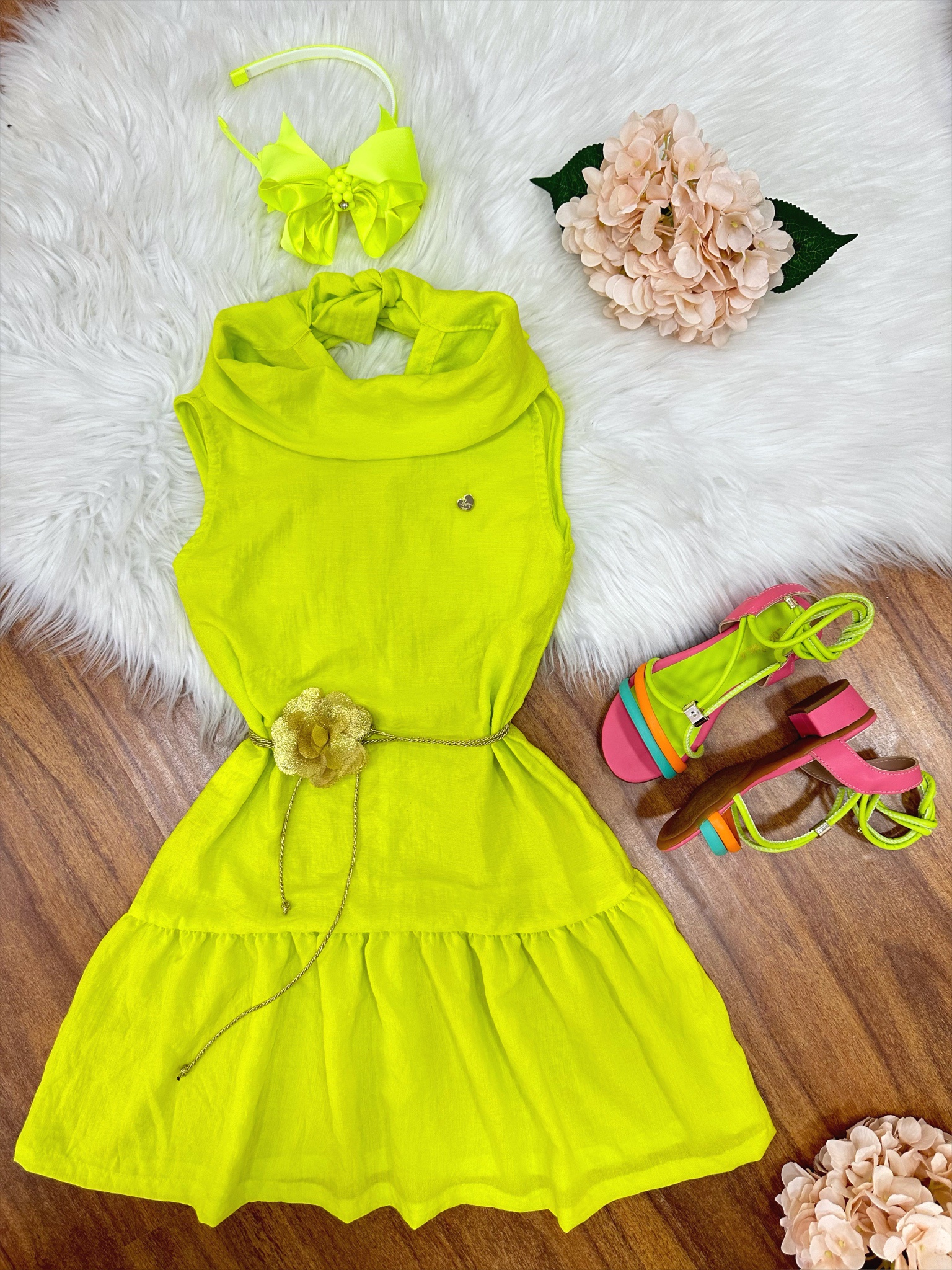 Vestido Infantil Crepinho Verde Lima Cinto de Cordão Casual Festa