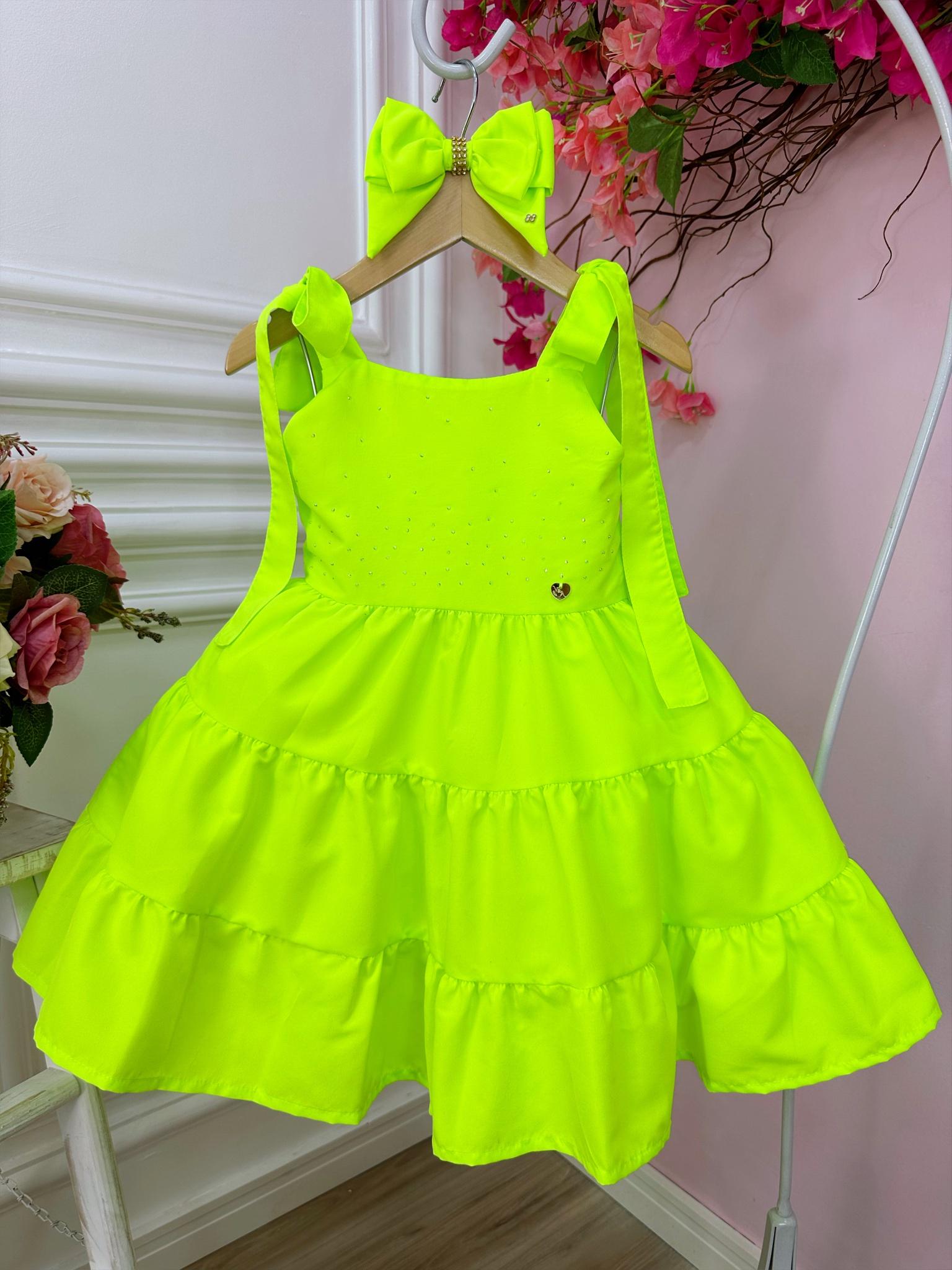 Vestido infantil Verde Lima Neon Strass no Busto e Laço Damas