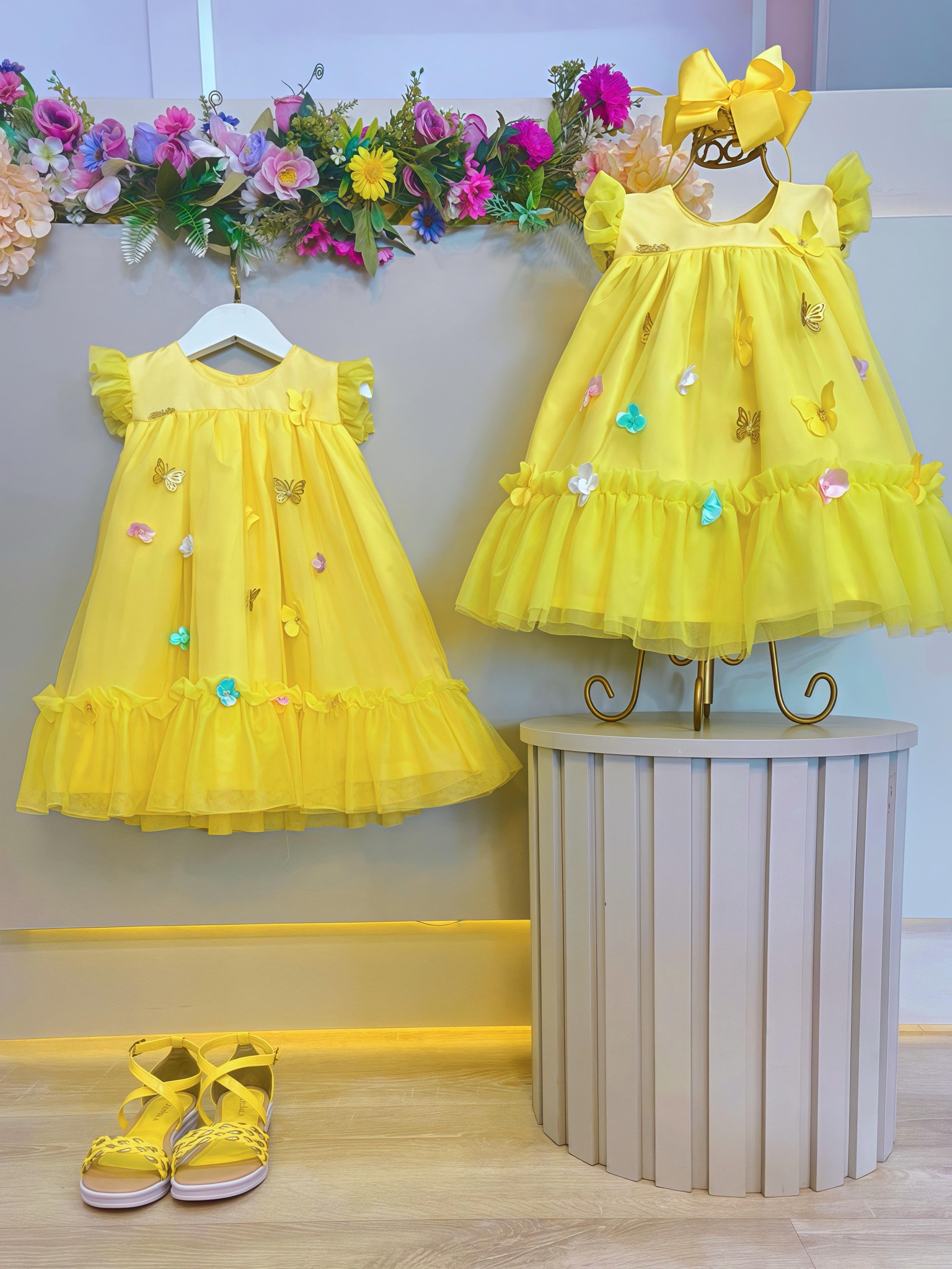 Vestido Infantil Amarelo Jardim Encantado C/ Apliques Festa