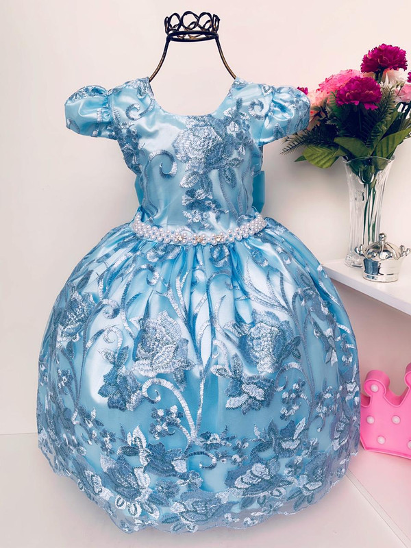 Vestido Infantil Azul Bebê Realeza Renda Princesa Luxo Festa