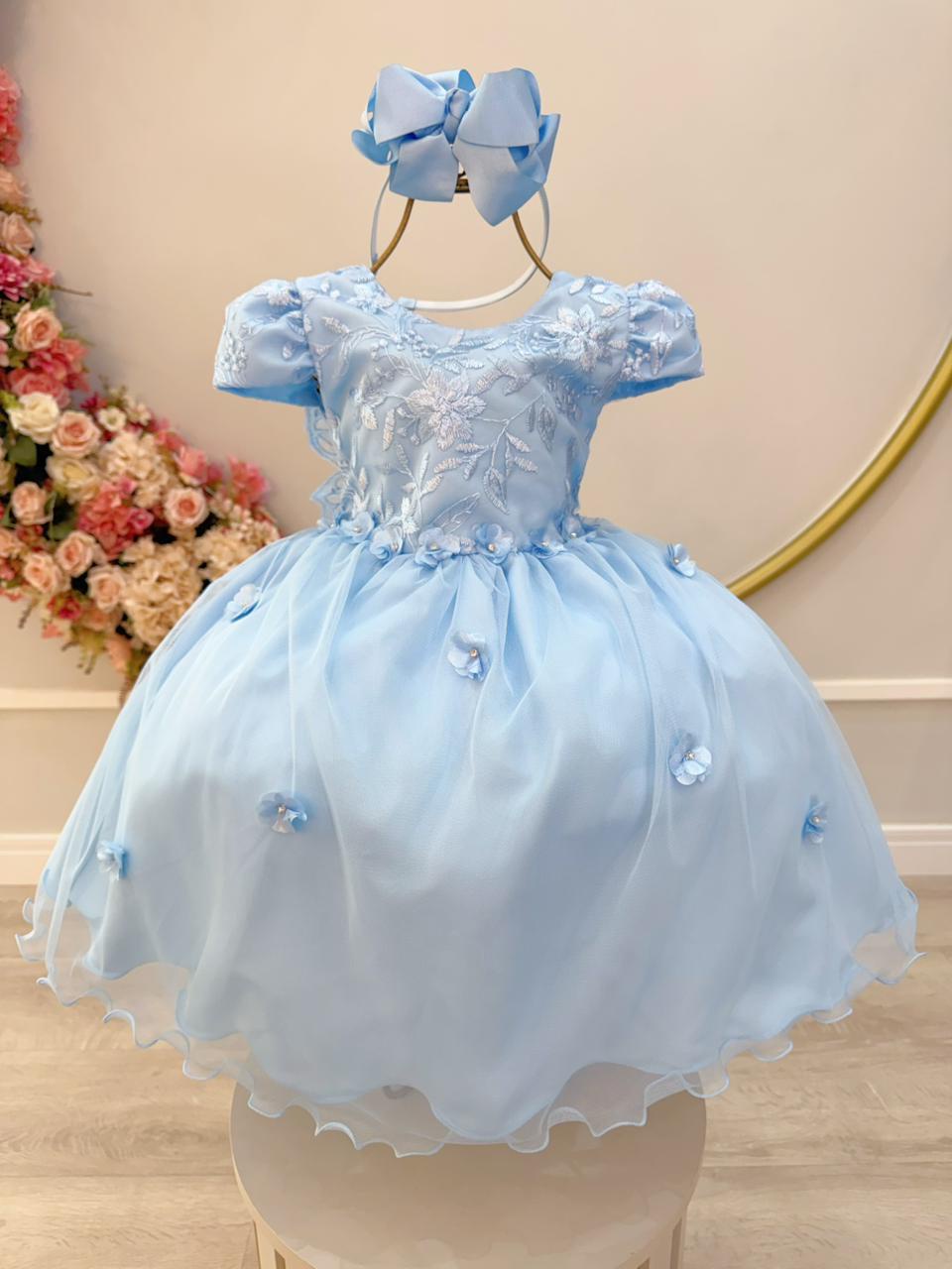 Vestido Infantil Azul C/ Renda Jardim Encantado Festas