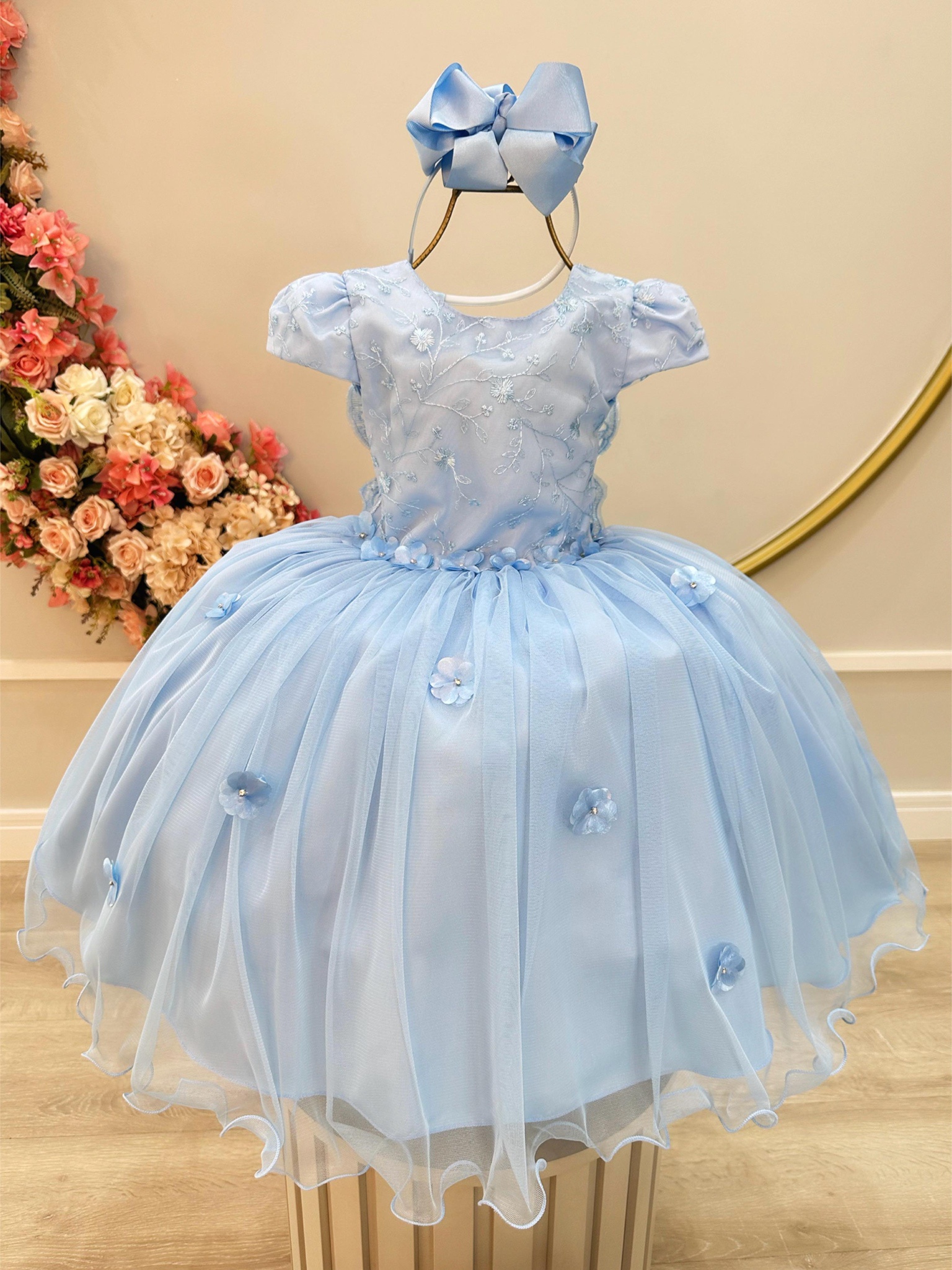 Vestido Infantil Azul Claro Com Renda Jardim Encantado