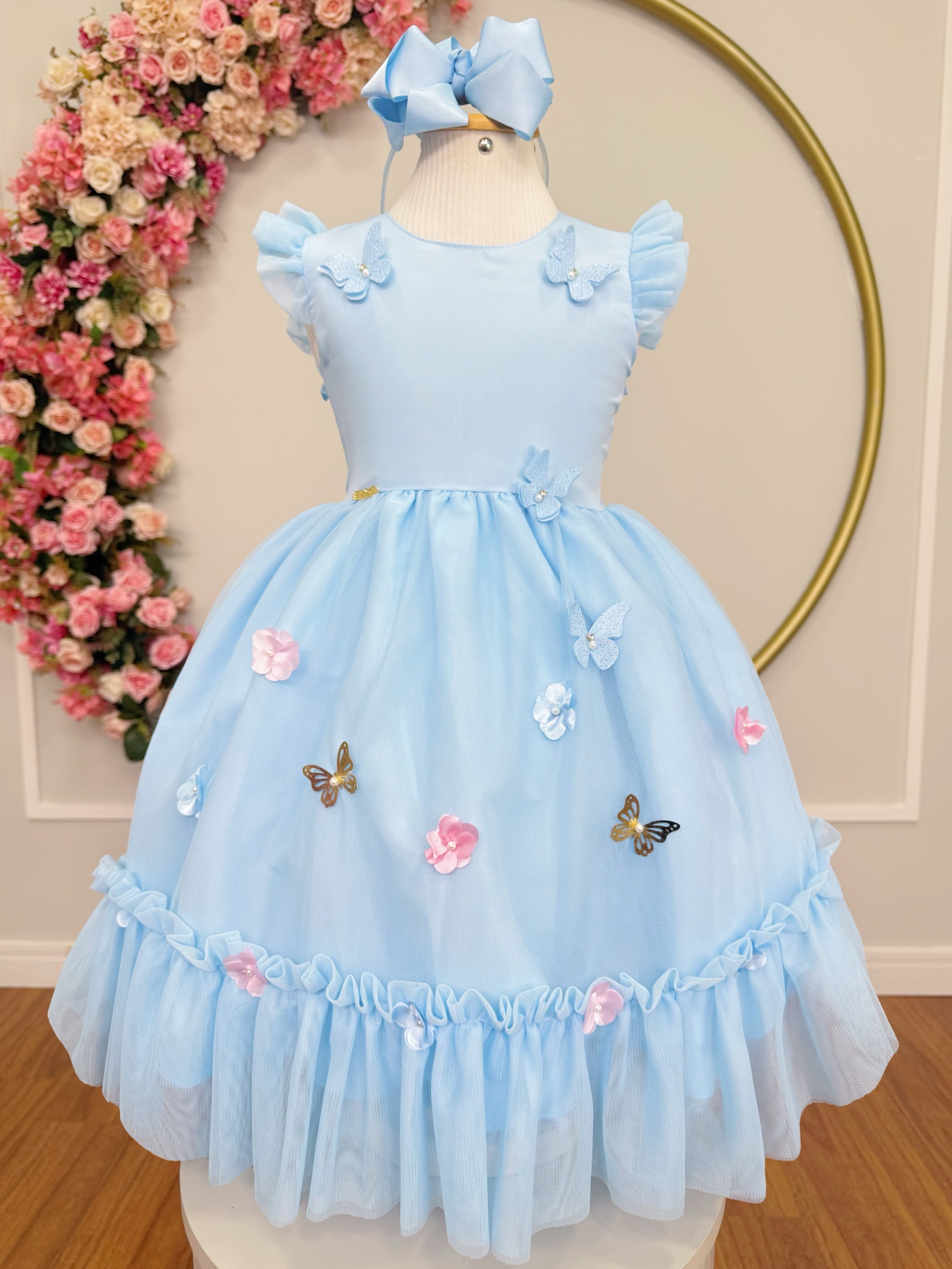 Vestido Infantil Azul Claro Jardim Encantado c/Apliques Festas