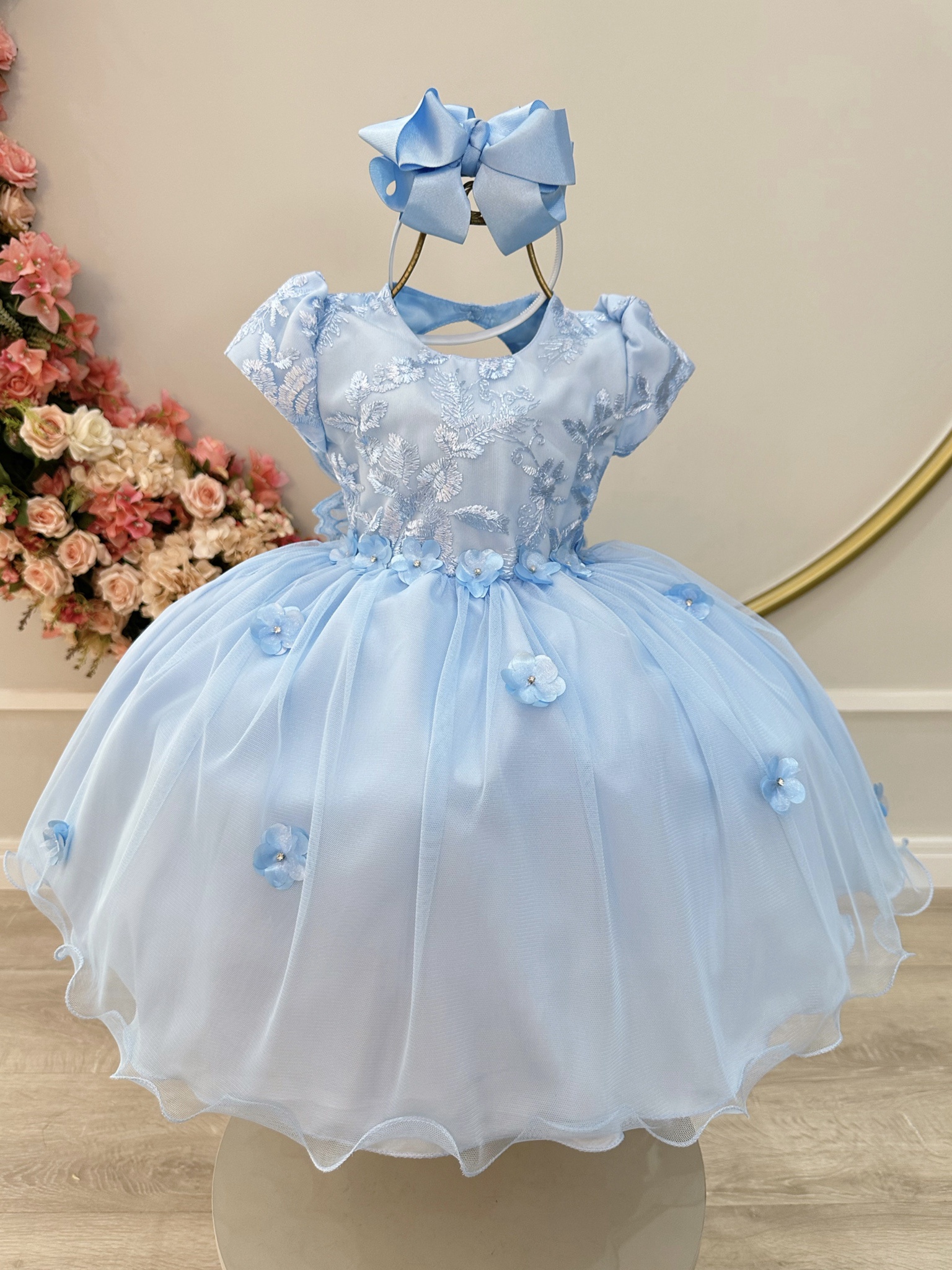 Vestido Infantil Azul Claro Jardim Encantado Com Renda Festas