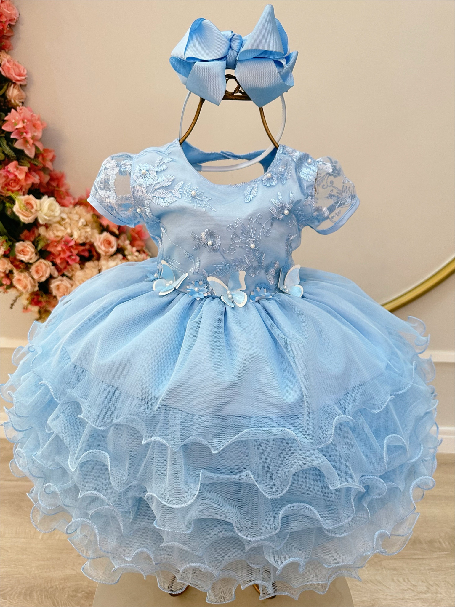 Vestido Infantil Azul Claro Jardim Encantado Saia C/ Babados