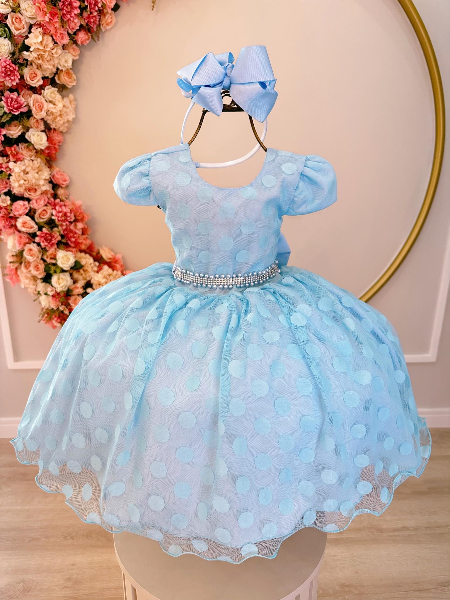 Vestido Infantil Azul Poá Com Cinto de Strass e Pérolas