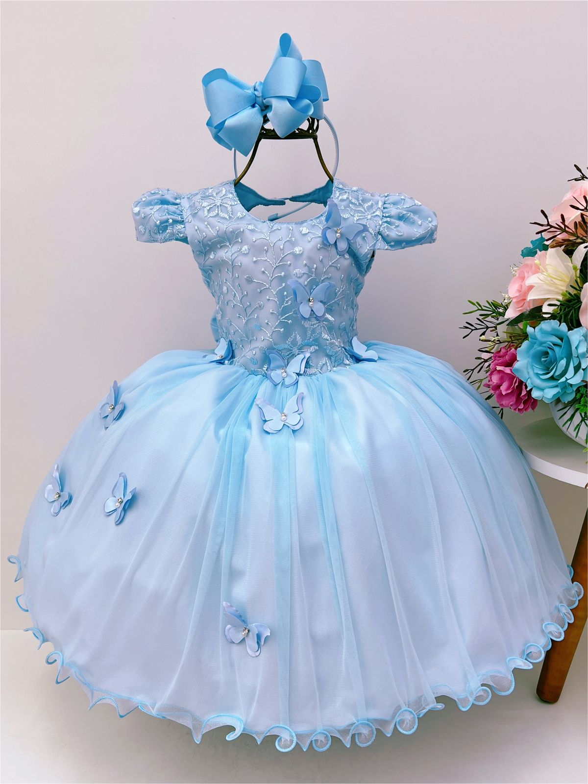 Vestido Infantil Azul Renda Luxo Aplique Borboletas