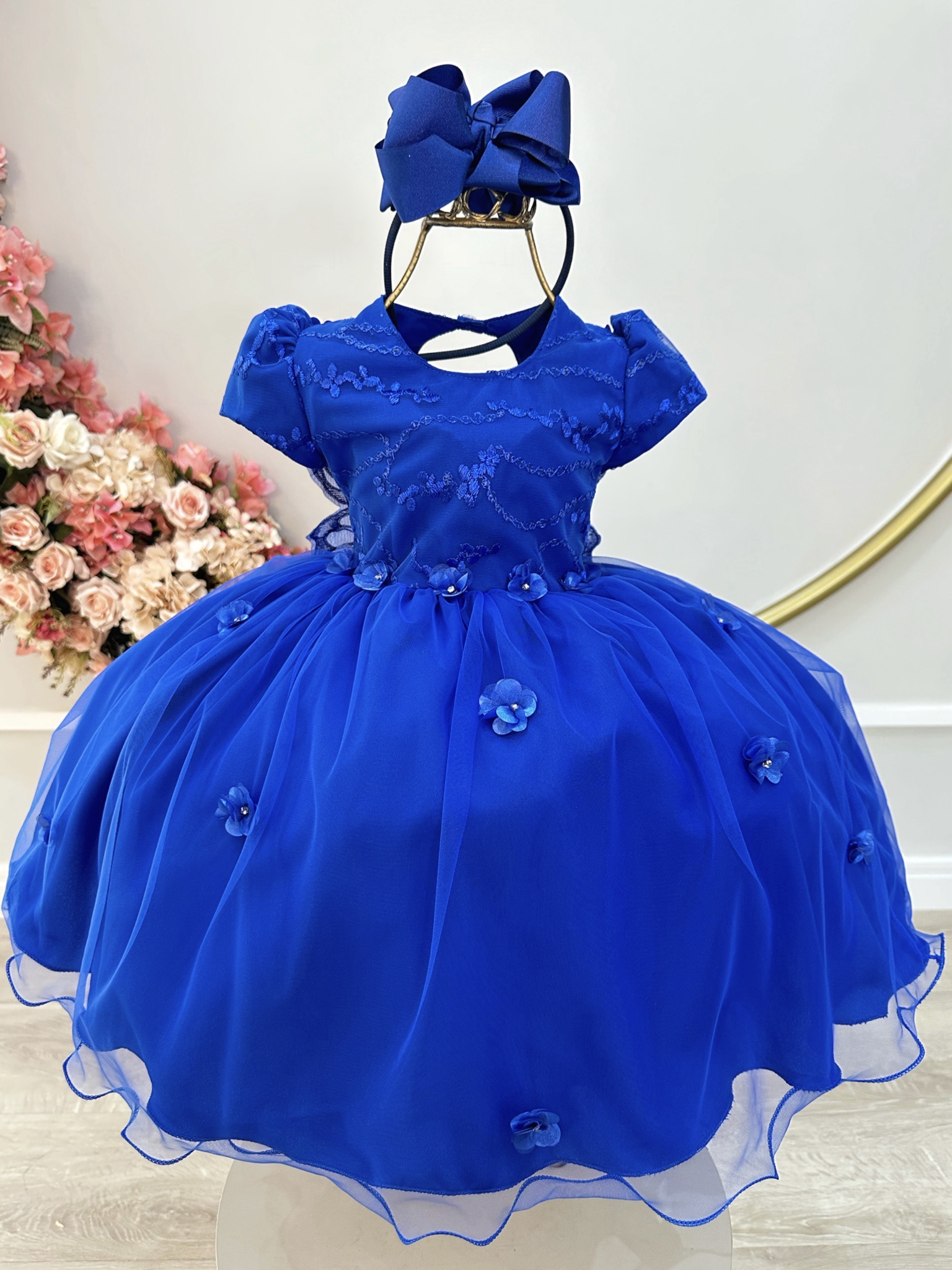 Vestido Infantil Azul Royal Jardim Encantado C/ Renda Festas