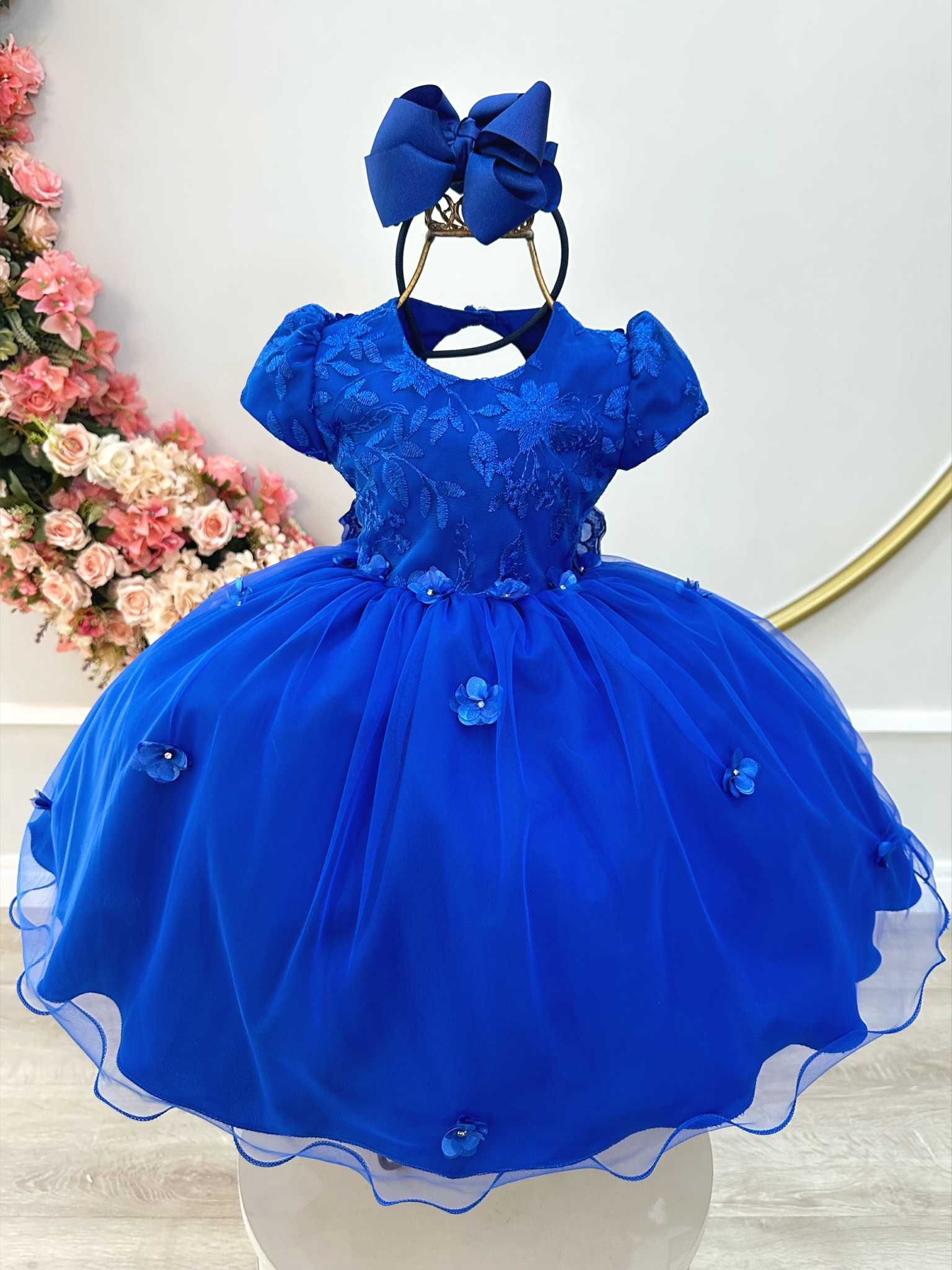 Vestido Infantil Azul Royal Jardim Encantado C/ Renda Festas
