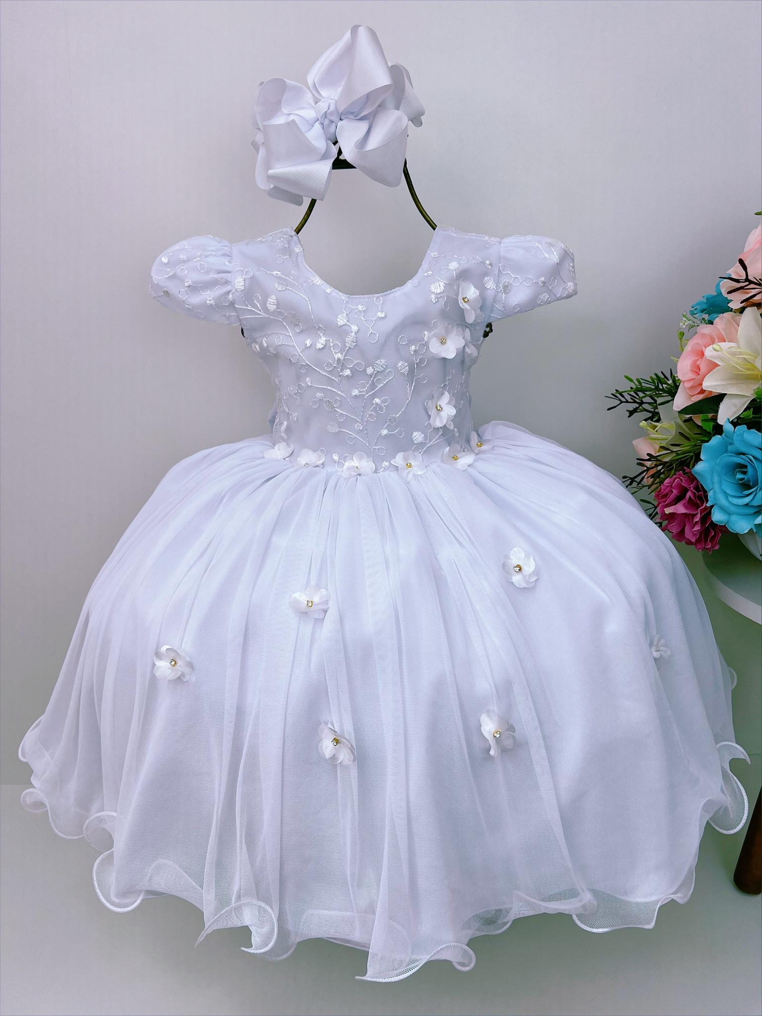 Vestido Infantil Branco C/ Renda Luxo C/ Aplique Flores