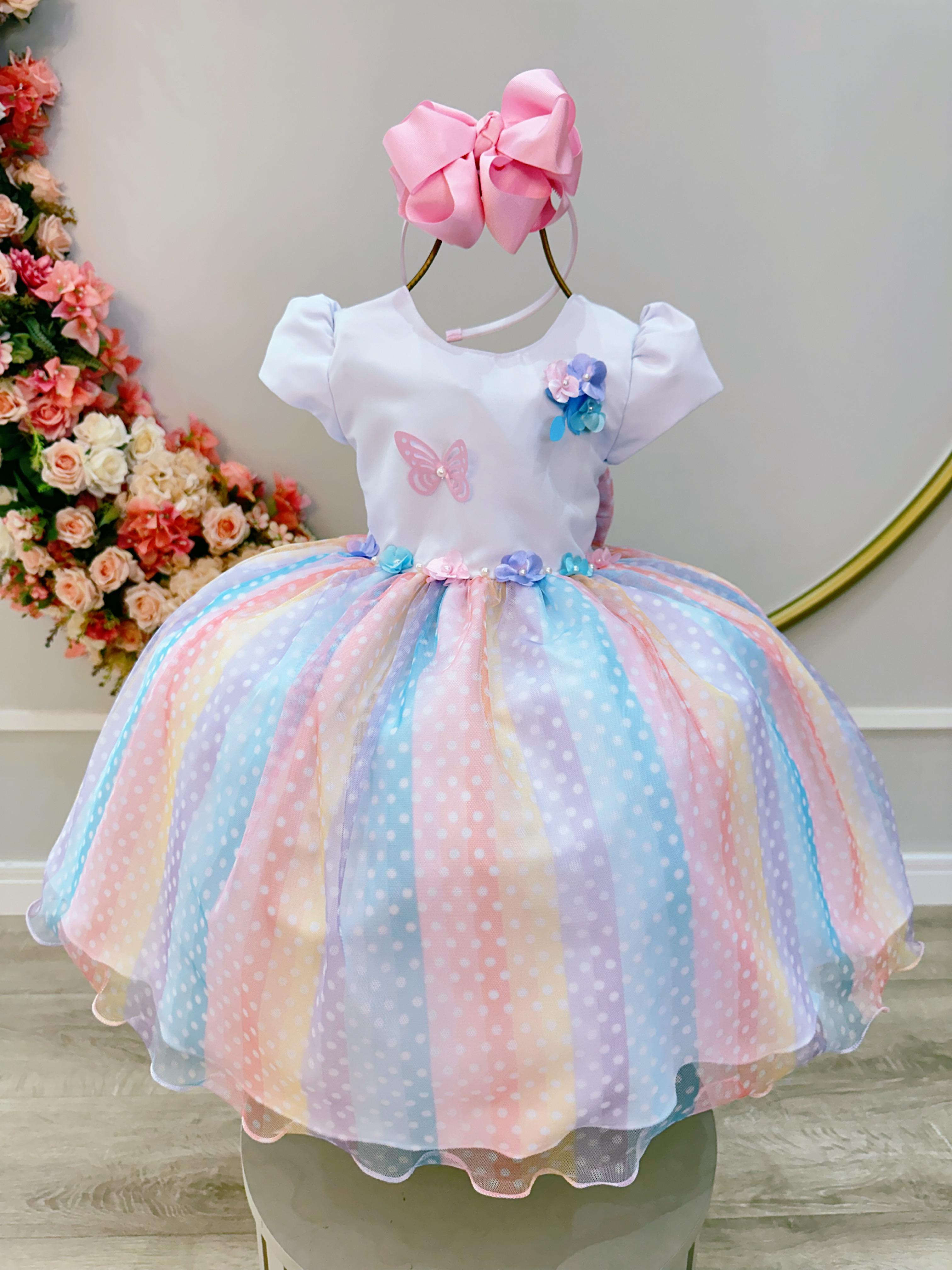 Vestido Infantil Branco Jardim Encantado Chuva de Amor Arco Iris