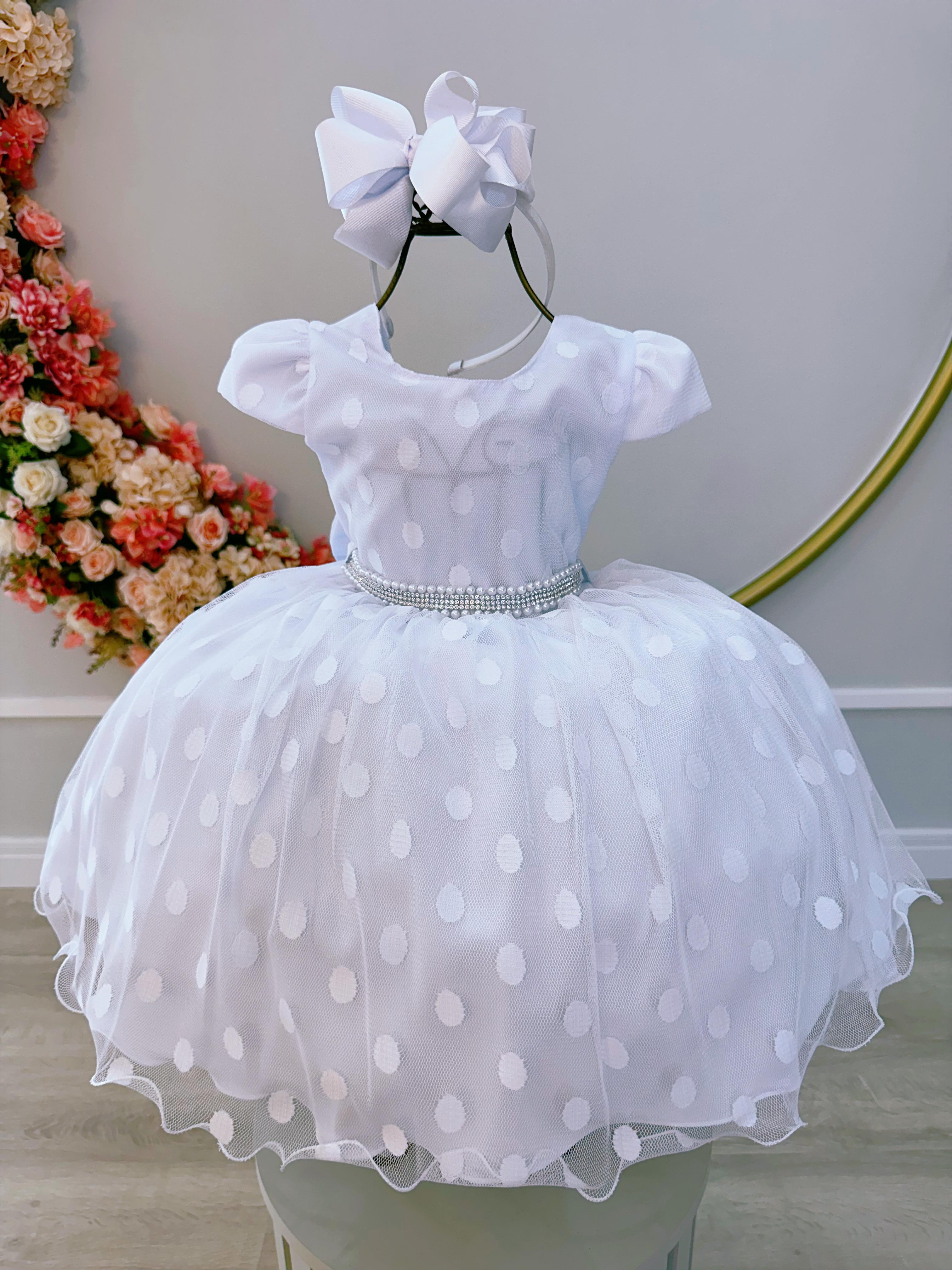 Vestido Infantil Branco Poá Com Cinto de Strass Pérolas