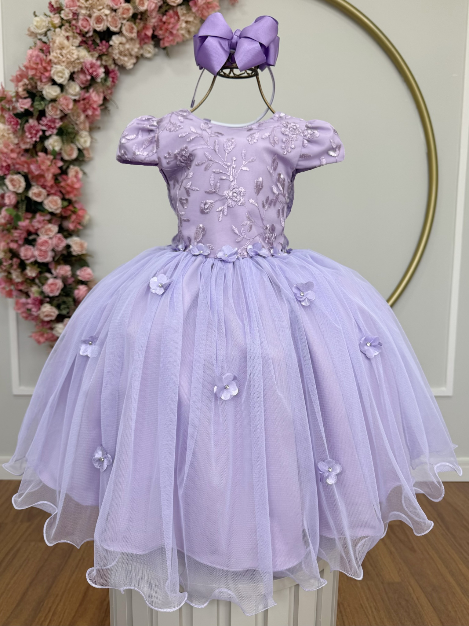 Vestido Infantil Jardim Encantado Com Renda Lilás Festas