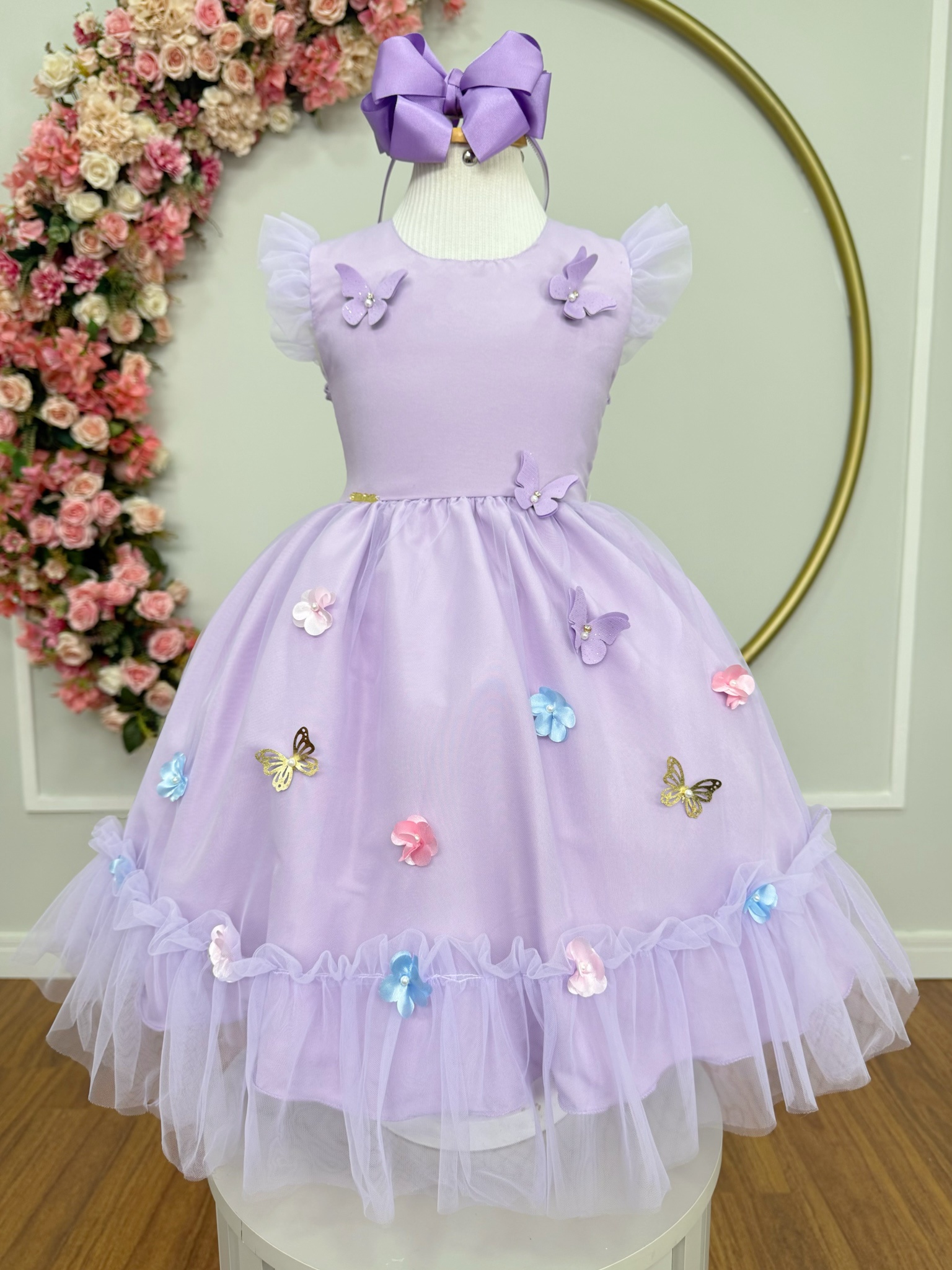 Vestido Infantil Lilás Jardim Encantado c/Apliques Festas